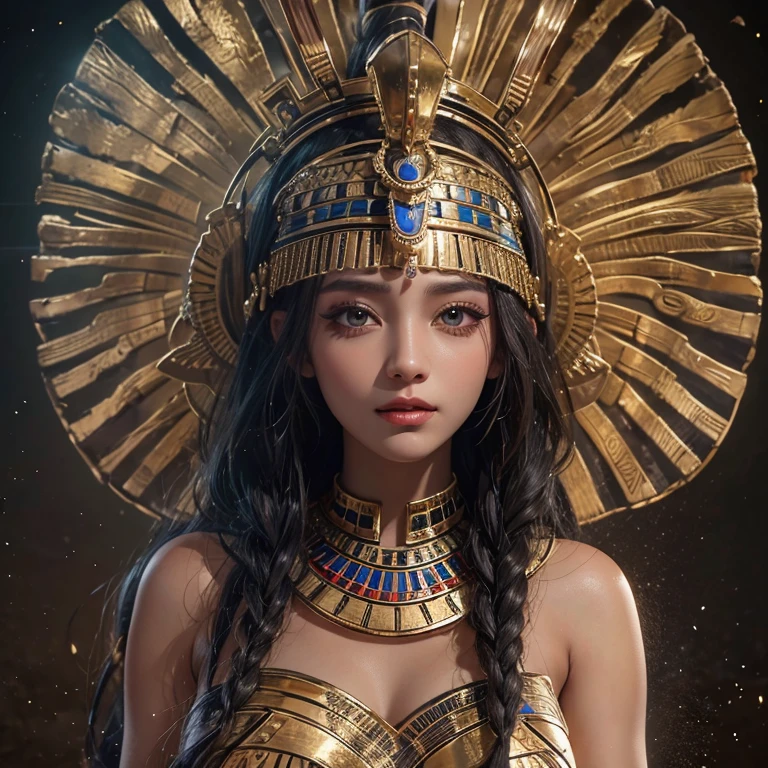 Standing in an ancient Egyptian cave、Hair blowing in the wind 、 ((highest quality、masterpiece、8k、Best image quality、Ultra-high resolution、Award-winning works)、(Accurate anatomy:1.1)、(Look at me and smile:1.0)、Shining fair skin with Ultra-high resolution、The most detailed face、Ultra-high resolution detailed face、Ultra-high resolutionの髪の毛、(Ultra-high resolution eye:1.1)、Beautiful face drawn in every detail、Ancient Egyptian costumes, Chest to chest, Dark atmosphere,Dark atmosphere, Ancient Egyptian makeup,