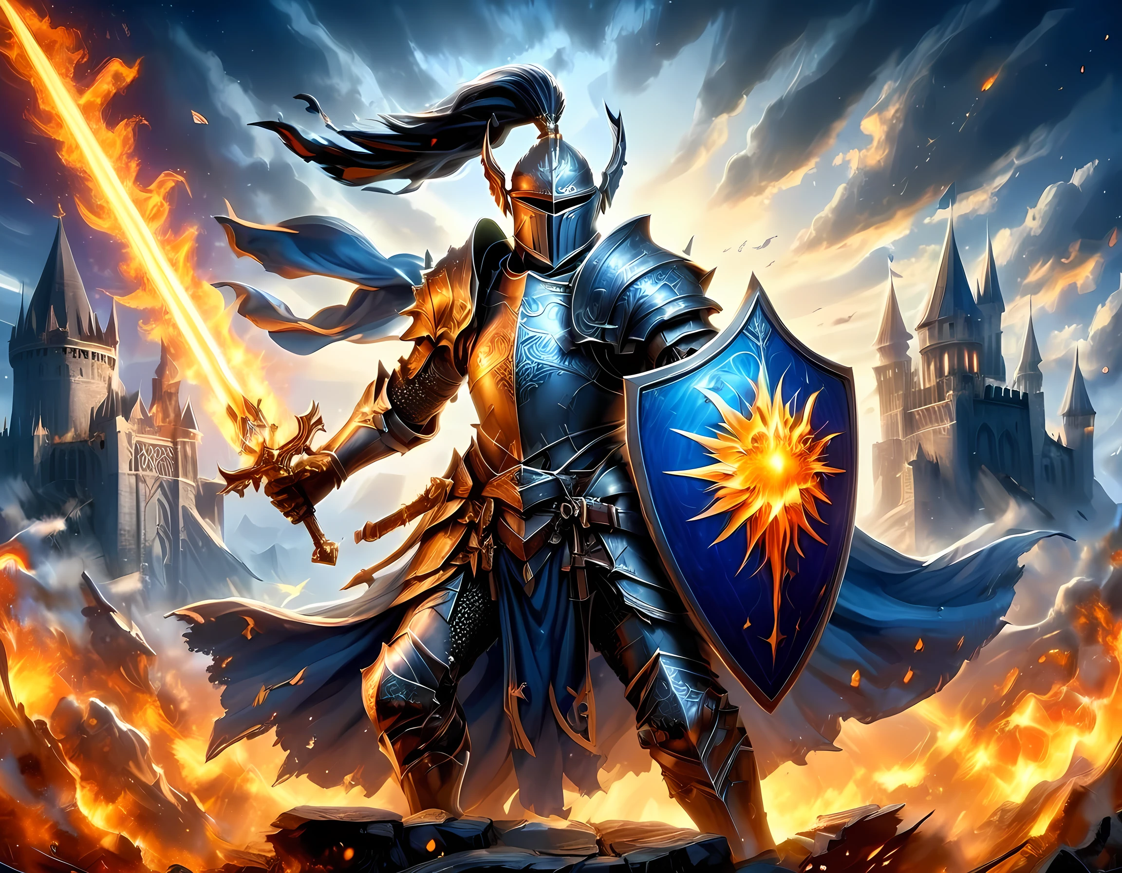 16k, ultra detailed, masterpiece, best quality, (extremely detailed), arafed, dnd art, panoramic view, full body, a lady knight standing on the all of the castle as the sun rises, you see only the ((silhouette of lady knight)), he is arm with a gleaming sword, that shines in the light of dawn, wearing blue armor, the knight is ready to battle, determined, the sky are switching day and knight, the sun is rising, suns, some stars, rays of dawn, fantasy castle background,  Wide-Angle, Ultra-Wide Angle, 16k, highres, best quality, faize, 2.5D rendering, Sword and shield