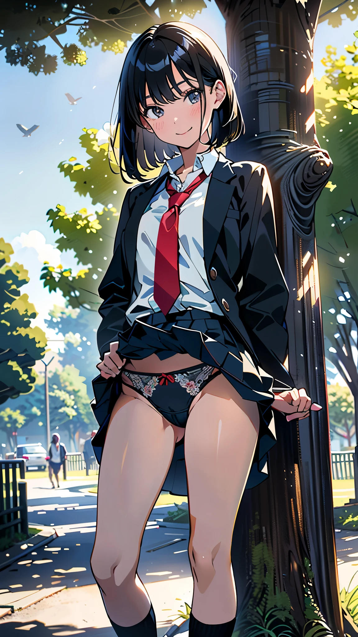 (8k, RAW Photos, 最high quality, masterpiece:1.2), high qualityのRAWカラー写真, Professional photo shoot, Cinematic Light, alone, (((young woman, Gal))), (Sharp features), (Small face), (Skin with attention to detail:1.2), clavicle, Cute Face, Beautiful appearance, Long eyelashes,Girl Turning Around, smile, (Black Hair, Long straight line), high school student, Red tie, High School Uniform:1.2, Black jacket, Open jacket, Jacket cuff buttons, White shirt, Check skirt, Night Park, Birds chirping, Confident attitude, Capture the happy moment, Artistic painting,Attractive thighs, loose socks:1.2, sneakers:1.2, (Very fine touch:1.2), (はにかんだsmile), Peaceful atmosphere, Oil painting style, Bright colors, (Are standing:1.5, lean on a tree, Full body portrait), Smooth texture, Gazing Eyes, Beautiful Skin, Shiny skin, ((Perfect Fingers, Five Fingers, Anatomically correct)), Background Blur, high quality, Surreal, ((Very detailed, photo shoot)),(Skirt flip、I can see her panties),,(((Skirt Lift、Sexy panties visible)))、