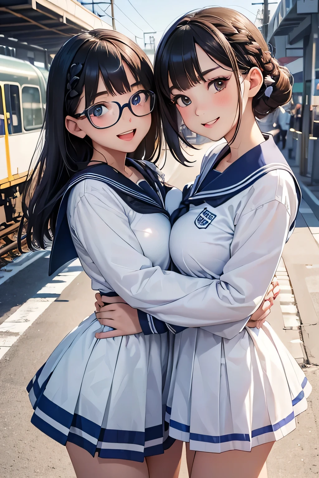 highest quality、High resolution、Detailed Background、(Beautiful face in every detail:1.4)、Anatomically correct、(Detailed facial expressions)、(Detailed eyes:1.2)、Teenage beauty、(Highly detailed face:1.4)、(Huge breasts:1.1)、Cute hair colour、Bobcut、Braided Ponytail、well-groomed eyebrows、Accentuate your breasts、Glasses、White Sailor Suit、Light blue sailor collar、School Cardigan、Checkered pleated mini skirt、White Stockings、On the way to school、Wait for the train at the station platform、(Two beautiful girls having fun:1.5)、Laughter、smile、sexual expression、Please show me your whole body、Playfully hugging、Cute gestures