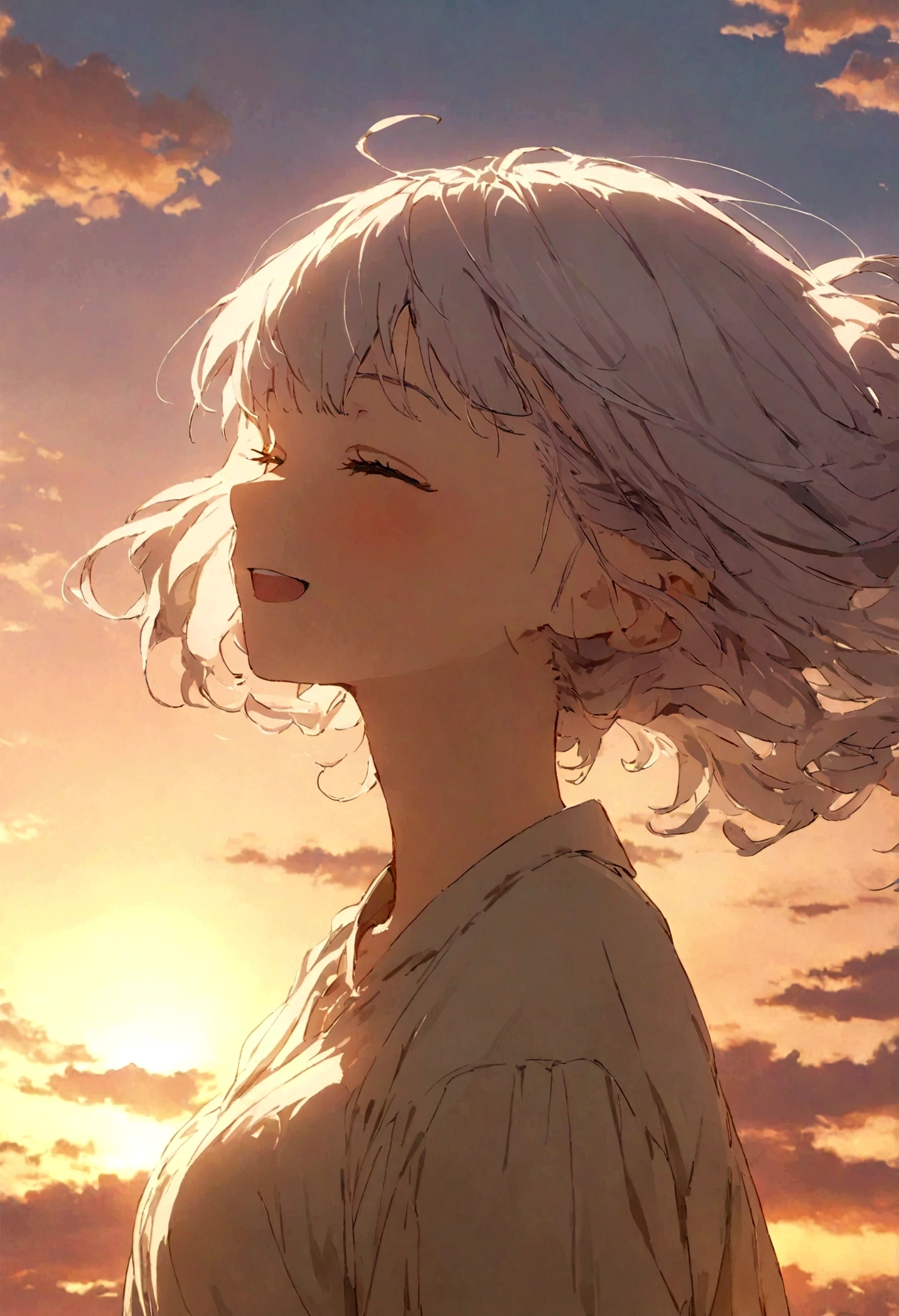 masterpiece, highest quality, Movie stills, One girl, Cloud Girl, Floating in the sky, close, bright, Happy, Warm and soft lighting, sunset, (spark:0.7)