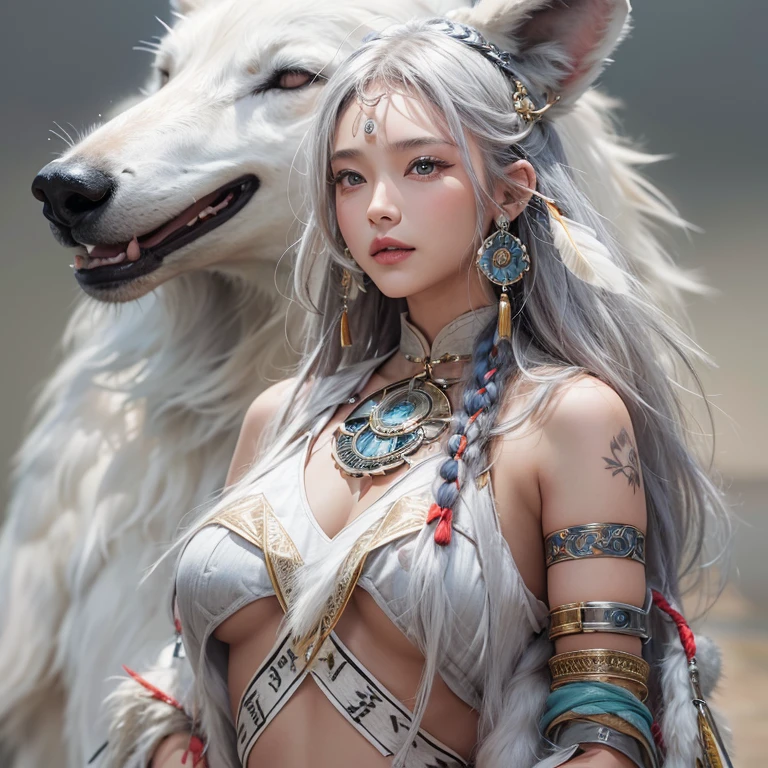 Shirakami-Sanchi、Hair flow、 ((highest quality、masterpiece、8k、Best image quality、Ultra-high resolution、Award-winning works)、(Accurate anatomy:1.1)、(Look at me and smile:1.1)、Shining fair skin with Ultra-high resolution、The most detailed face、Ultra-high resolution detailed face、Ultra-high resolutionの髪の毛、(Ultra-high resolutionの煌めく瞳:1.1)、Beautiful face drawn in every detail、(Blurred Background:1.1)、Native American white costume, American Indian Clothing, Chest to chest, tattoo、A real giant condor next to you。Observe the white wolf