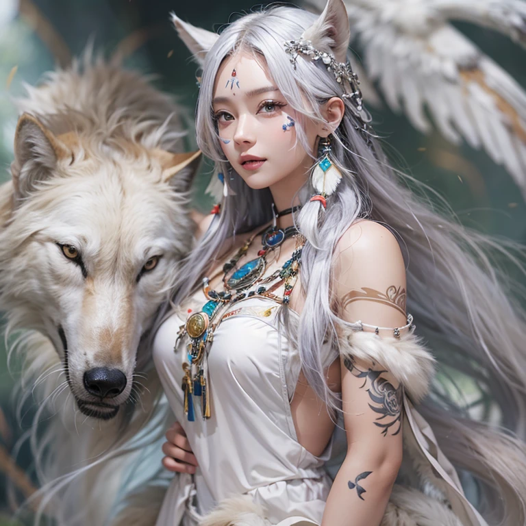 Shirakami-Sanchi、Hair flow、 ((highest quality、masterpiece、8k、Best image quality、Ultra-high resolution、Award-winning works)、(Accurate anatomy:1.1)、(Look at me and smile:1.1)、Shining fair skin with Ultra-high resolution、The most detailed face、Ultra-high resolution detailed face、Ultra-high resolutionの髪の毛、(Ultra-high resolutionの煌めく瞳:1.1)、Beautiful face drawn in every detail、(Blurred Background:1.1)、Native American white costume, American Indian Clothing, Chest to chest, tattoo、A real giant condor next to you。Observe the white wolf
