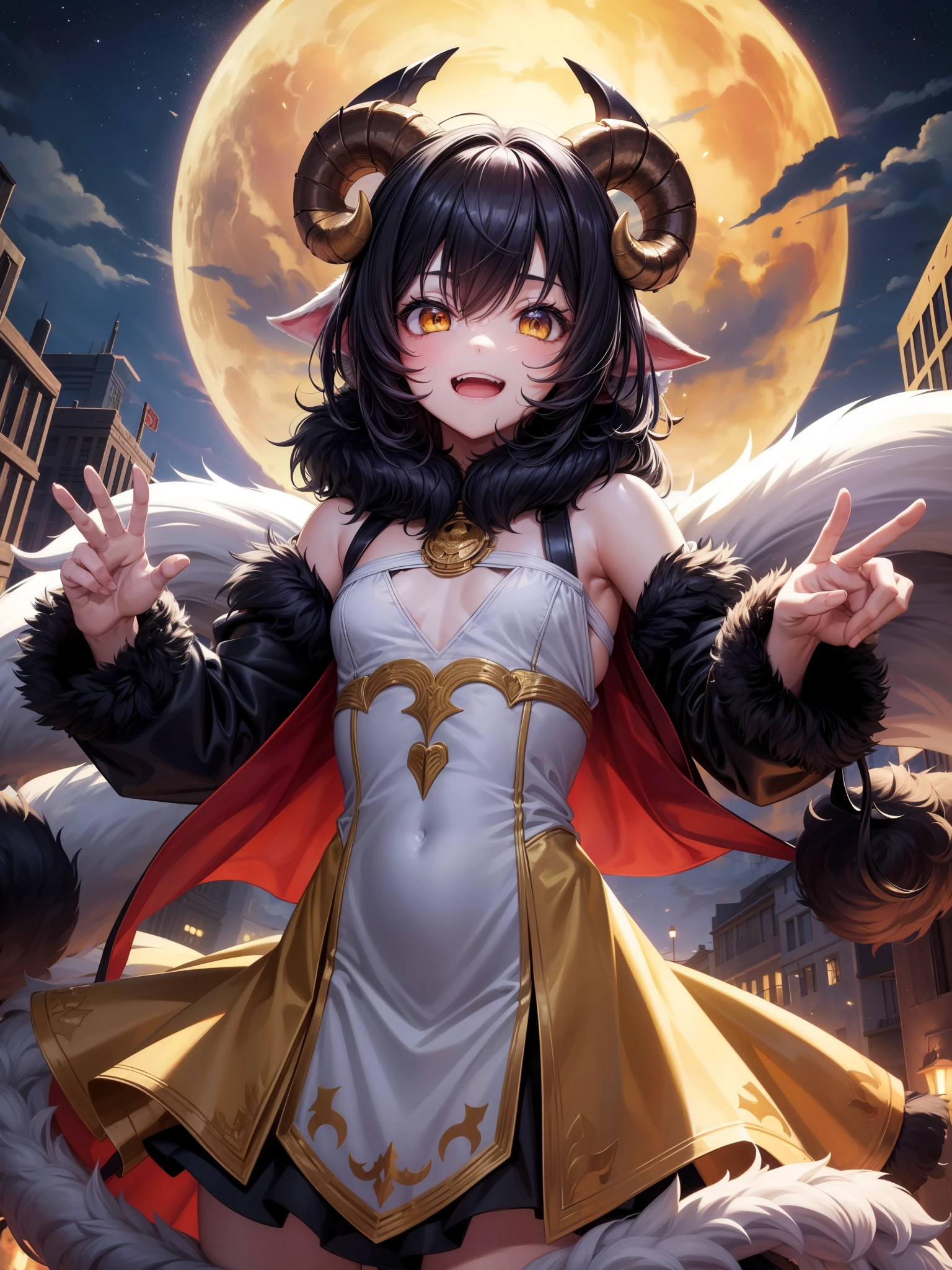score_9, score_8_up, score_7_up, score_6_up, source anime,
sheep girl, goat horns, very long horns, 1girl, solo,
monkey ears, small breasts, demon tail, living clothes, chest fur, fur collar,
fluffy, black fur, convenient censoring,
short hair, hair between eyes,
yellow eyes, symbol shaped eyes, looking at viewer,
open mouth, grin, upper teeth only,
outdoors, scenery, night,
from below,
