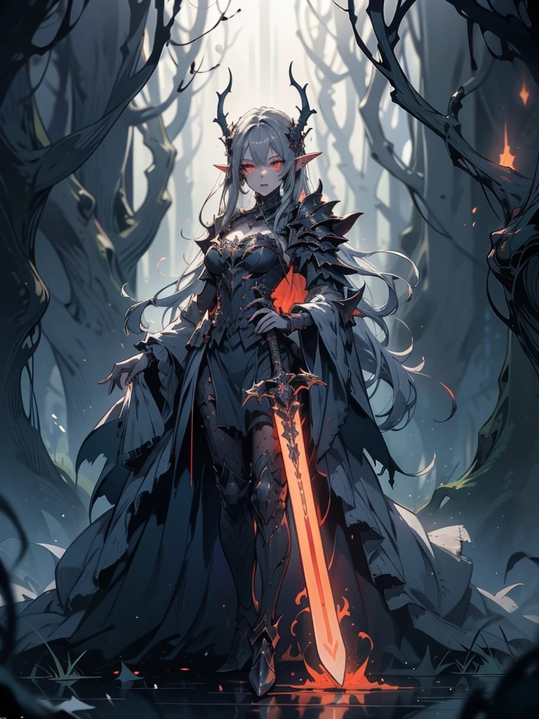 A stunning artwork of a fierce demonic elf standing in a cursed forest. The full-body view showcases her in dark armor, exuding an aura of malevolent grace and unyielding power. Her long, flowing dark gray hair frames a face of eerie beauty, highlighted by red eyes that glow with otherworldly menace. She holds a cursed sword, intricately designed and radiating dark energy, adding to her formidable presence. The scenery around her is a twisted, shadowy forest with gnarled trees and glowing red eyes peering from the darkness. Mist and sinister shadows enhance the ominous atmosphere, creating a scene of haunting dread.