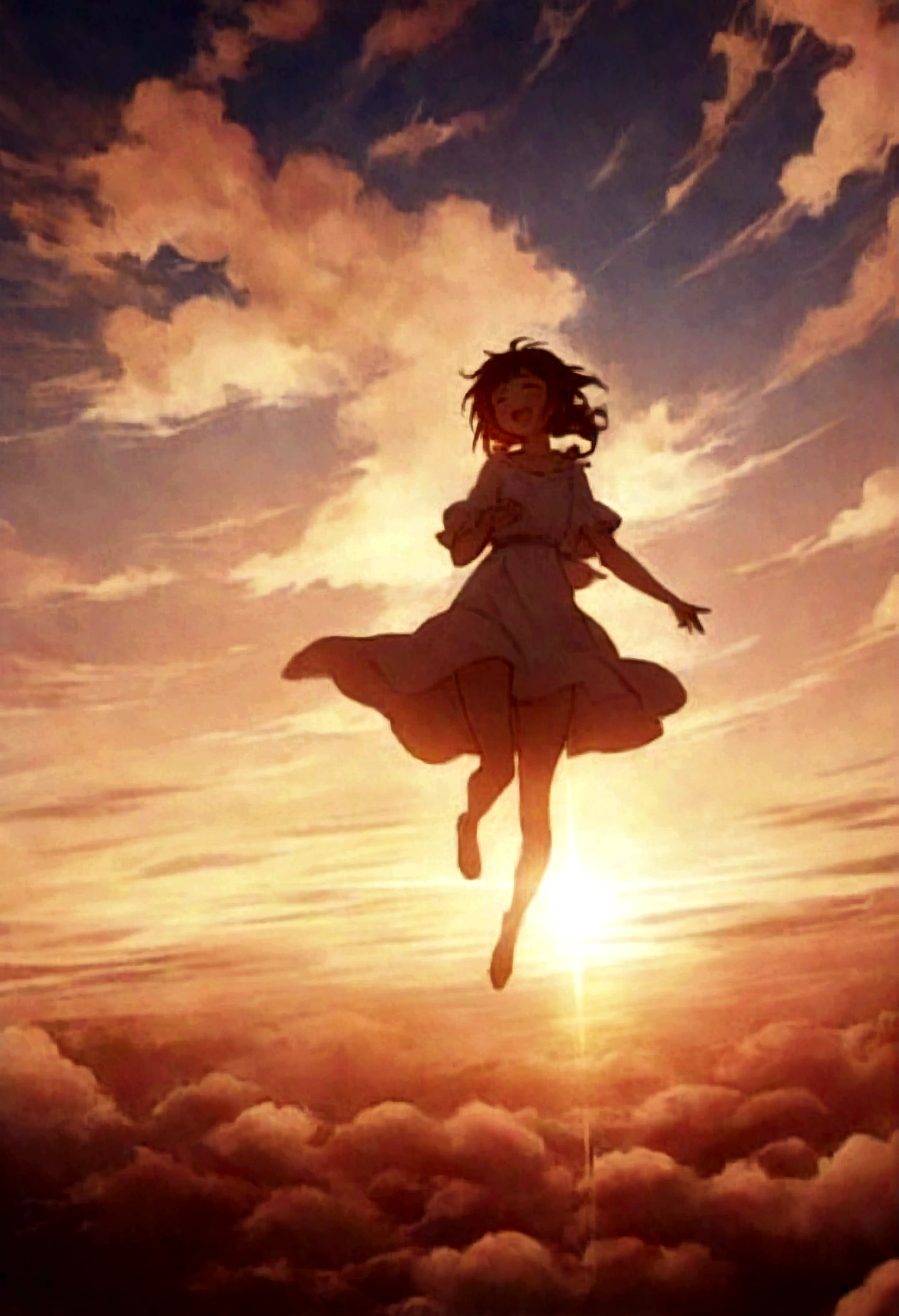 masterpiece, highest quality, Movie stills, One girl, Cloud Girl, Floating in the sky, close, bright, Happy, Warm and soft lighting, sunset, (spark:0.7)