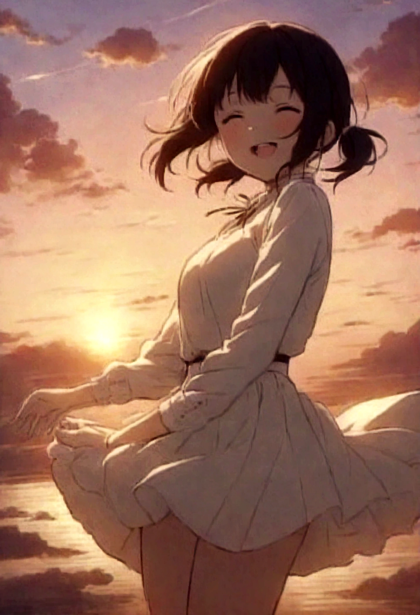 masterpiece, highest quality, Movie stills, One girl, Cloud Girl, Floating in the sky, close, bright, Happy, Warm and soft lighting, sunset, (spark:0.7)