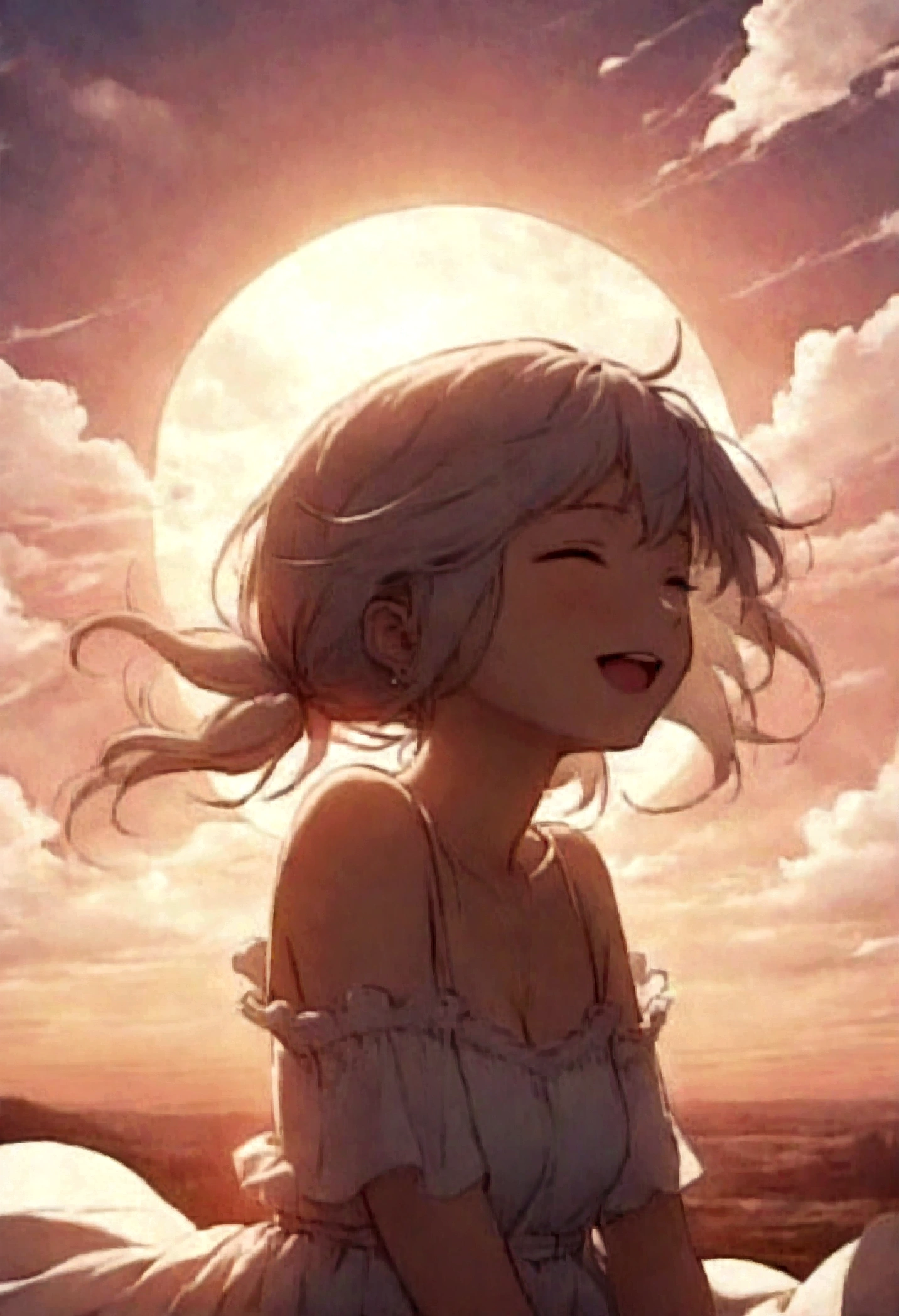 masterpiece, highest quality, Movie stills, One girl, Cloud Girl, Floating in the sky, close, bright, Happy, Warm and soft lighting, sunset, (spark:0.7)