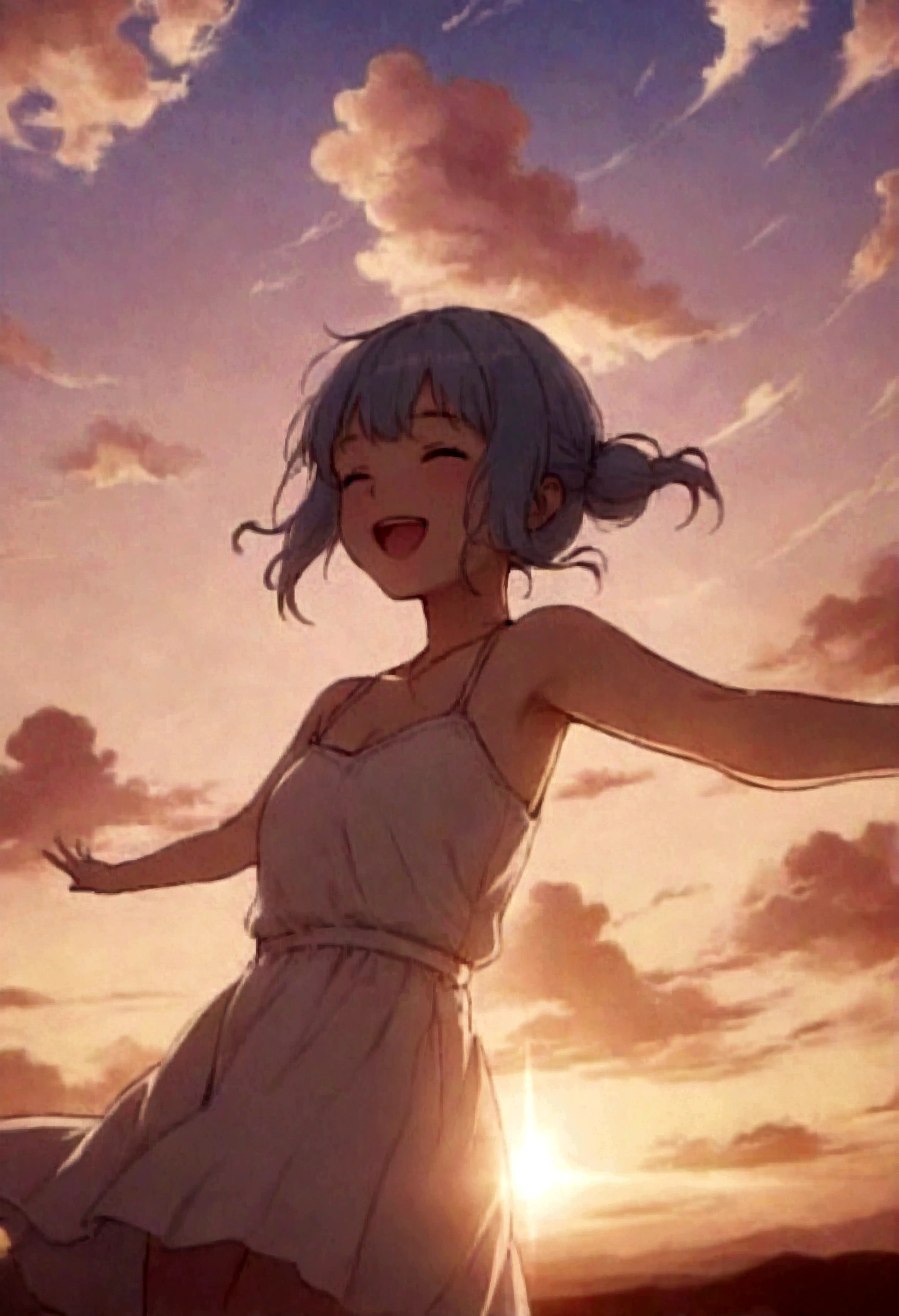 masterpiece, highest quality, Movie stills, One girl, Cloud Girl, Floating in the sky, close, bright, Happy, Warm and soft lighting, sunset, (spark:0.7)