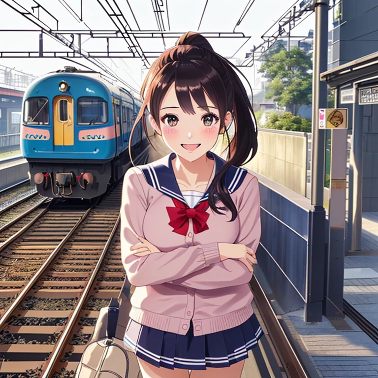 highest quality、High resolution、Detailed Background、Beautiful and elaborate face、Beautiful, smooth skin、Skin Texture、Professional Lighting、Beautiful teenage girl、(Three Women),Cute hairstyles such as ponytails、Cute colored sailor uniform、Cute school cardigan in pastel colors、Checkered pleated mini skirt、Knee-high socks、On the way to school、Wait for the train at the station platform、Laughter、smile、sexual expression、Show your whole body、Playfully hugging、Laughter
