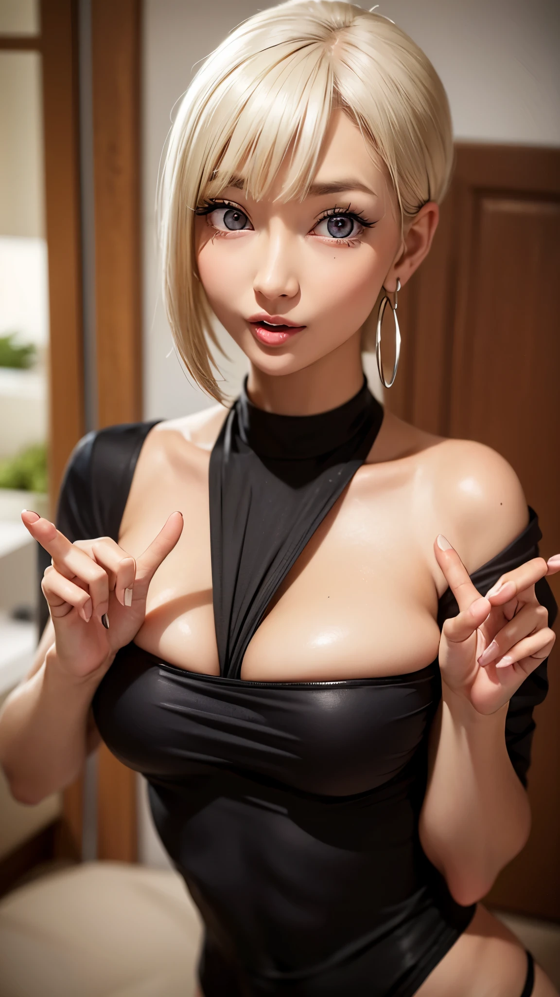 1 Girl、solo、masterpiece,highest quality,High resolution,Very detailed, skinny,Black Choker,Earrings,Big cleavage、Off-the-shoulder tight sweater dress,
Cute pose、(((Open your mouth))), Heavy breathing , (aheghentai face:1.5),
Blonde pixie short hair、
(((Accurate 5-finger)))、Accurate human body、The perfect human body、((Captivating smile ))、
entrance、indoor、open the door、Detailed Background、
