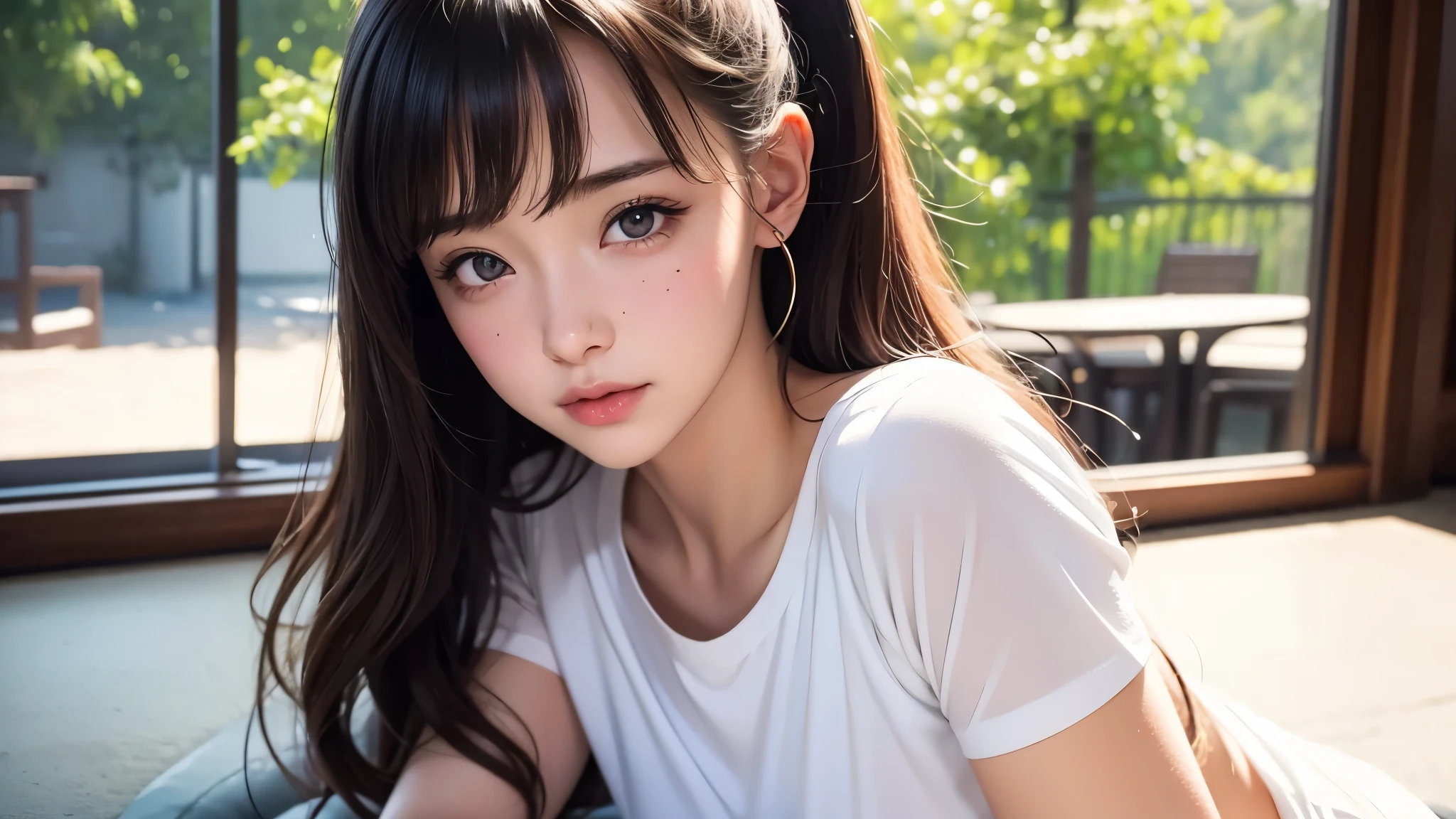 23 歳の超reality的なフランス人の女の子,Saturday Cafe, Wearing a white T-shirt, Elegant posture ,Freckled,Instagram Snapchat Influencer,highest quality, masterpiece, High resolution, 8K, (reality的な: 1.4), Ultra High resolution, 1 girl, Super detailed, 超reality的な, Detailed CG illustrations, Official Art, Cinematic Light, reality, Young beautiful girl, (Starts with: 1.3), With confidence, 超reality的な, 8K, 4k,