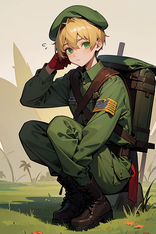 12 year old boy, blond hair, green eyes, full body, military scout boy uniform, green beret, scout boy backpack, scout boy boots, red gauntlet, scout boy, teedy bear plushy, camping, 