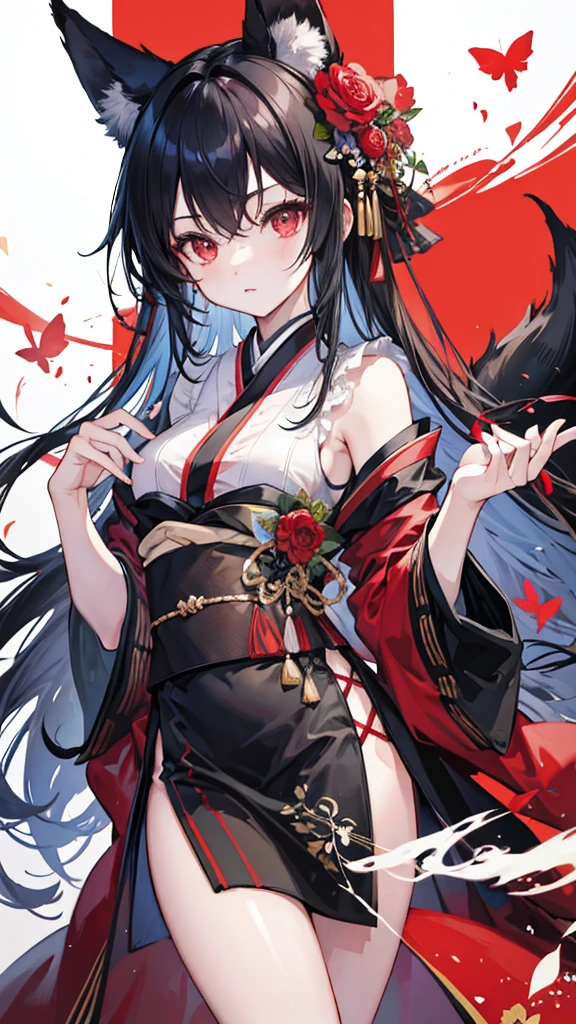 masterpiece, highest quality, highest quality, High resolution Black Hair Fox ears beautiful girl Red Eyes kimono