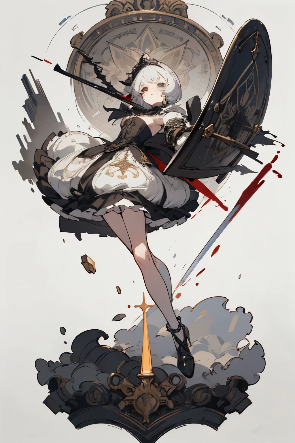 ((best quality)), ((masterpiece)), (detailed), 1girl, off-shoulder, blank white background, plain background, white background, red and white clothing, Bloodborne inspired,  occult aesthetic, occult, detailed and intricate steampunk and detailed gothic, NSFW, Very dramatic and cinematic lighting, cosmic horror, grim-dark, side-lighting, perfect face, NSFW, Fluttering lace flared long knee length dress with frilly petticoats, knee length dress, pleated petticoats, lolita dress, petticoats gothic lolita, complex lace boots, side-lighting, gothic lolita aesthetic, wielding a mighty sword with mechanical components, carbine, NSFW, beautiful small breasts, small breasts, full body, whole body, body, plain background, white background, blank background, no background, white background NSFW, chains, full body, whole body, head-to-toe NSFW