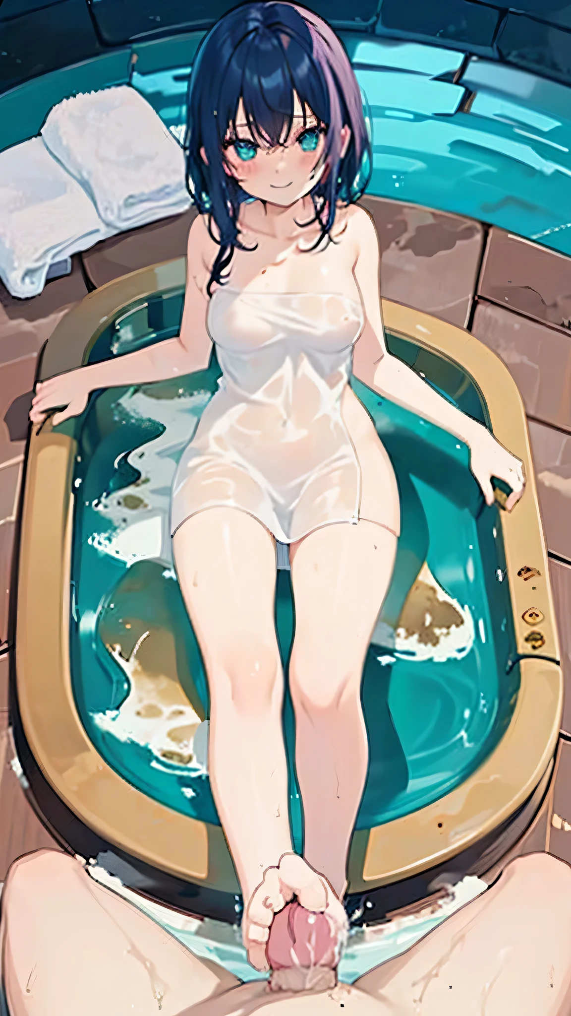 ((night、Jacuzzi on the roof of a high-rise building))、Girl taking a bath、(Footjob while taking a bath)、((A towel is covering the chest and thighs))、The towel is wet and transparent、Hair is wet、seductive evil grin、((footjob))、1boy, ((penis)), ((eject cum)),