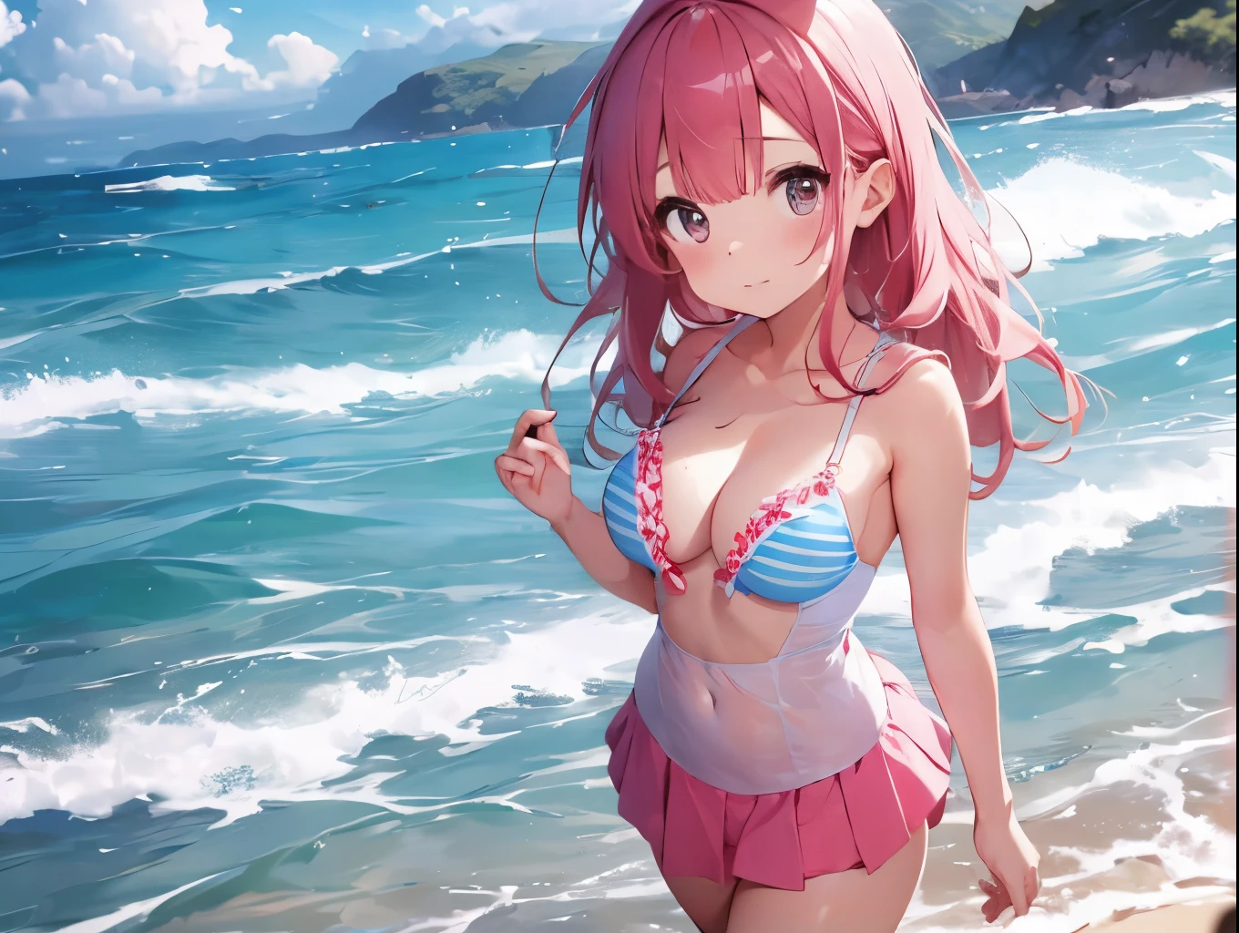 A cute white dress shirt and a tight fitting reddish pink front hook bra、Her miniskirt rose、Her pink and white striped underwear was revealed.。、Sandy Beach, Sea and Blue、Big Breasts、barefoot、Standing posture、hug、