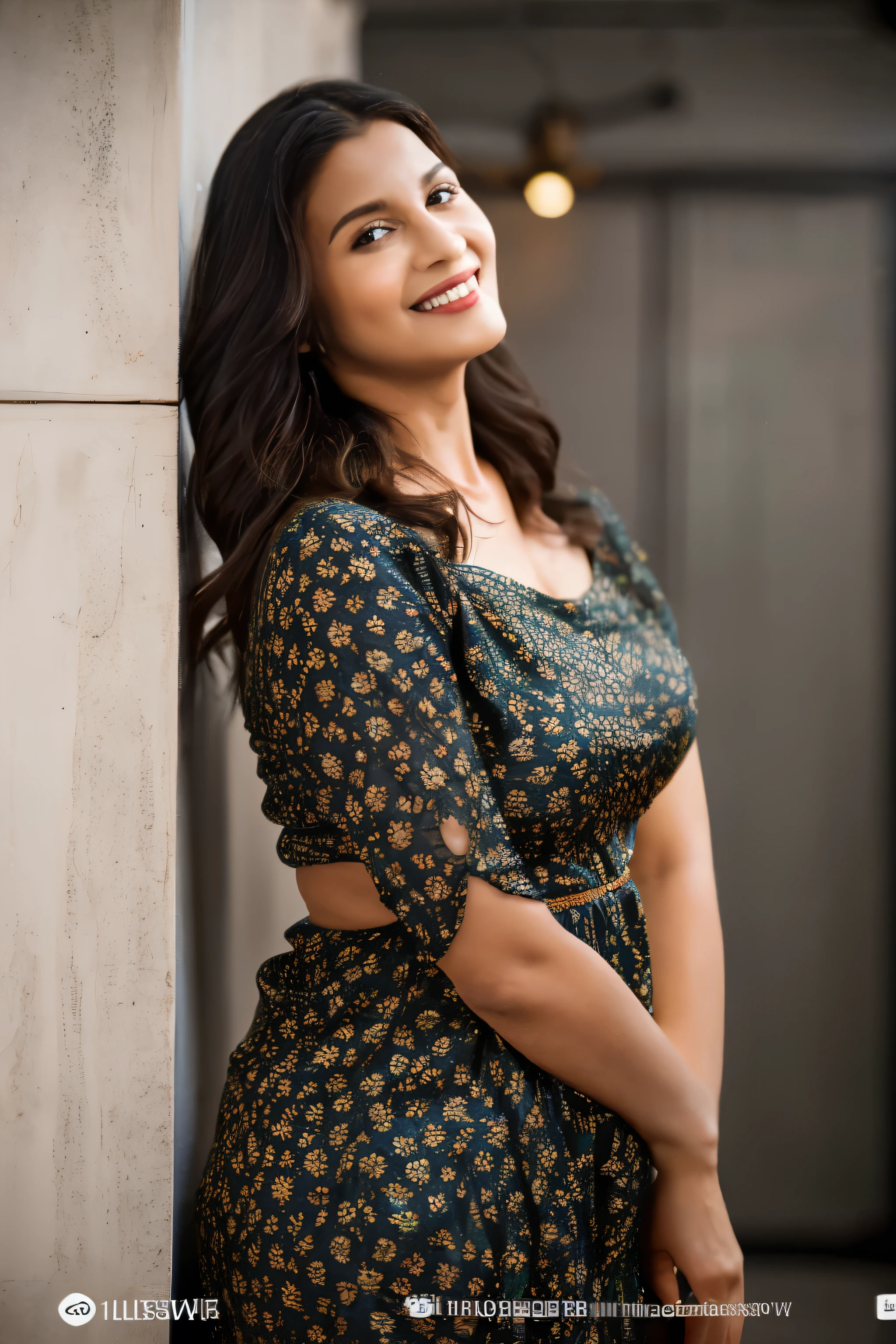 In this photograph, a confident Indian Instagram model in her mid-30s stands out, her radiant smile highlighting her natural curves and beautiful dark brown skin. Shes wearing a short ((black fit dress)) with a sweetheart neckline and vibrant floral prints, captured mid-dance in a moody, intimate night club setting. Shot in exquisite detail by Lee Jeffries with a Nikon D850, the image features rich, lifelike colors and dramatic lighting. Utilizing advanced 8K resolution through Cinema 4D and Octane Render, the photo achieves a hyper-realistic, lifelike texture. Studio lighting, HDR