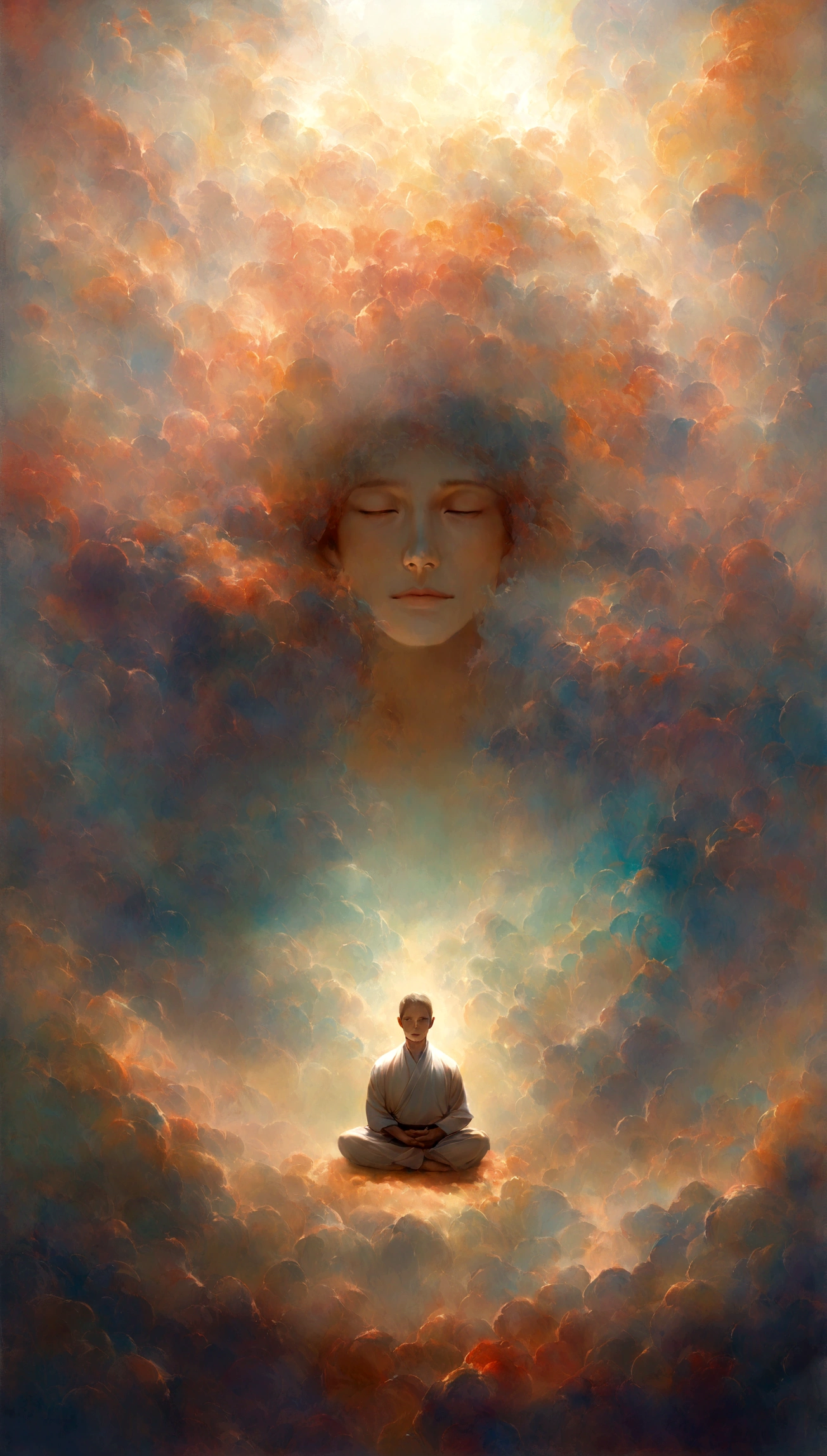 A man meditating with serene expression, peaceful minimalist environment, soft diffused lighting, realistic with abstract elements artistry, digital illustration, soft calming colors with vibrant chaotic contrasts, high-quality depiction of disciplined mind and chaotic thoughts.