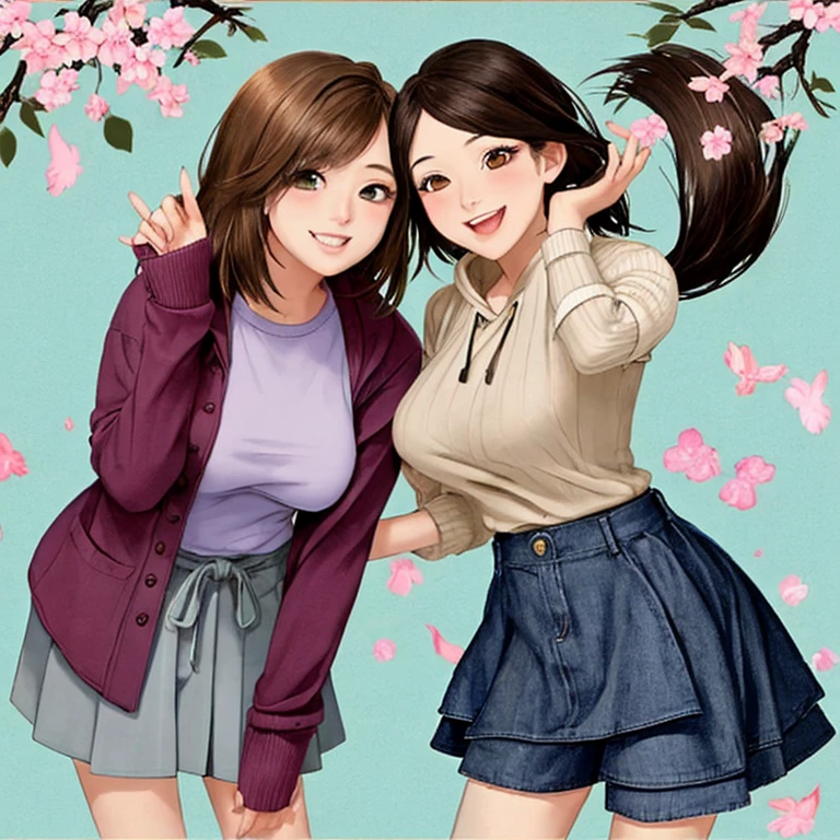 (highest quality:1.4)、Ultra-high resolution、Detailed Background、masterpiece、Anatomically correct、Detailed face、(Beautiful face in every detail:1.3)、cute20代の美女、brown hair or cute colored hair、(Huge breasts:1.2)、Realistic、Perfect body line、Attractive woman、Full Body Shot、Cowboy Shot、 (Two women having fun and looking happy:1.5)、 He looked at me with a happy expression.、smile、A big smile、cute、The gesture of fixing hair messed up by the wind、cute仕草、 Tight silhouette, casual and modest shorts、Shorts with a rounded silhouette that gives a bright impression are popular.、Focus on the base and color、 The trend is、Step cut one length bob and wolf cut.、 Software Trends, Layered long hairstyles and hairstyles that frame the face continue.、 Pair it with a striped shirt, White bags and shoes perfect for a spring look.、 We recommend knitwear and cardigans with compact silhouettes..、 If you want to look casual, try wearing a sweatshirt or hoodie..、 Try choosing a cut-and-sew top or pullover..、 Try wearing the vest as a layered outfit.、 Narrow flare、Try choosing a mini skirt or a flared skirt.、 Complete your outfit with just one dress、 Wear this jacket casually、Try layering for a fun style..、 Large ribbons that add elegance are in style.、 The dark colored ribbons are especially suitable for mature women..、 Chiffon and chic color ribbon barrette、 Cherry blossom festivals will be held all over Japan.、Especially Hirosaki Park and Philosophers in Aomori Prefecture&#39;Roads of Kyoto.、Fukuoka Castle in Fukuoka is famous..、cute