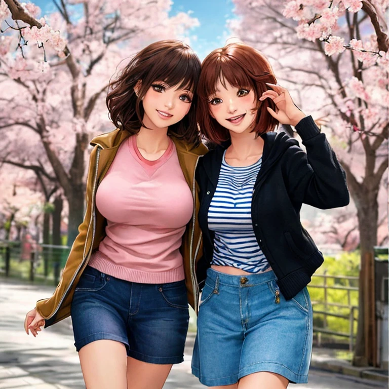 (highest quality:1.4)、Ultra-high resolution、Detailed Background、masterpiece、Anatomically correct、Detailed face、(Beautiful face in every detail:1.3)、cute20代の美女、brown hair or cute colored hair、(Huge breasts:1.2)、Realistic、Perfect body line、Attractive woman、Full Body Shot、Cowboy Shot、 (Two women having fun and looking happy:1.5)、 He looked at me with a happy expression.、smile、A big smile、cute、The gesture of fixing hair messed up by the wind、cute仕草、 Tight silhouette, casual and modest shorts、Shorts with a rounded silhouette that gives a bright impression are popular.、Focus on the base and color、 The trend is、Step cut one length bob and wolf cut.、 Software Trends, Layered long hairstyles and hairstyles that frame the face continue.、 Pair it with a striped shirt, White bags and shoes perfect for a spring look.、 We recommend knitwear and cardigans with compact silhouettes..、 If you want to look casual, try wearing a sweatshirt or hoodie..、 Try choosing a cut-and-sew top or pullover..、 Try wearing the vest as a layered outfit.、 Narrow flare、Try choosing a mini skirt or a flared skirt.、 Complete your outfit with just one dress、 Wear this jacket casually、Try layering for a fun style..、 Large ribbons that add elegance are in style.、 The dark colored ribbons are especially suitable for mature women..、 Chiffon and chic color ribbon barrette、 Cherry blossom festivals will be held all over Japan.、Especially Hirosaki Park and Philosophers in Aomori Prefecture&#39;Roads of Kyoto.、Fukuoka Castle in Fukuoka is famous..、cute