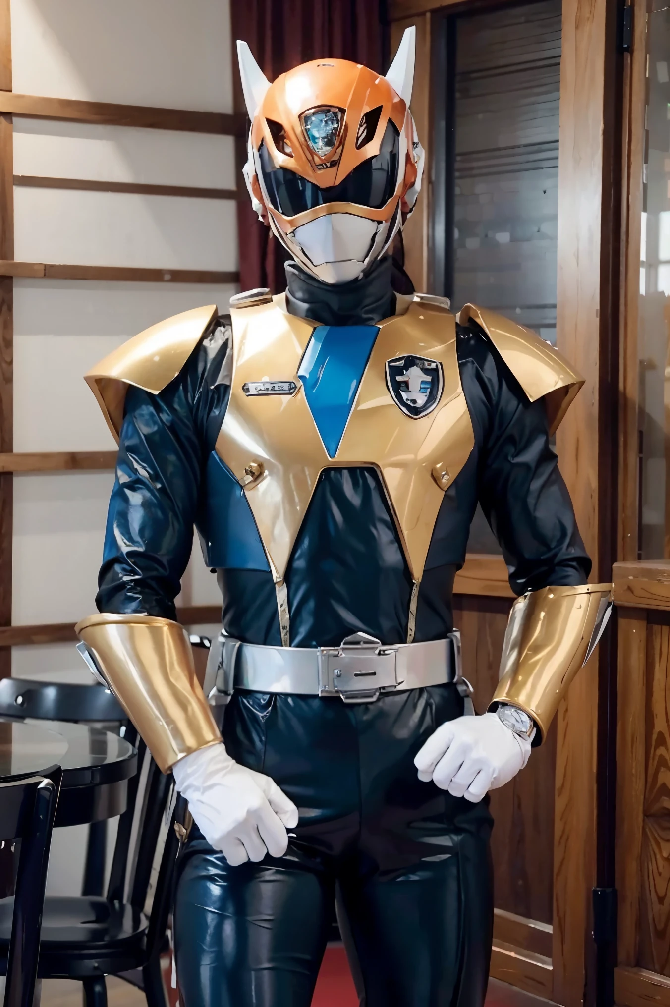 Fantasy background, cafe rpg style, empty chair, table, set of tea glass, (power rangers)), One guy、, ((diamond ranger suit)), red and blue chest armor with gold details,   costume, Solo, ((fit figure)), (Anatomically correct), Cowboy shot, masked face, guns, muscular build
