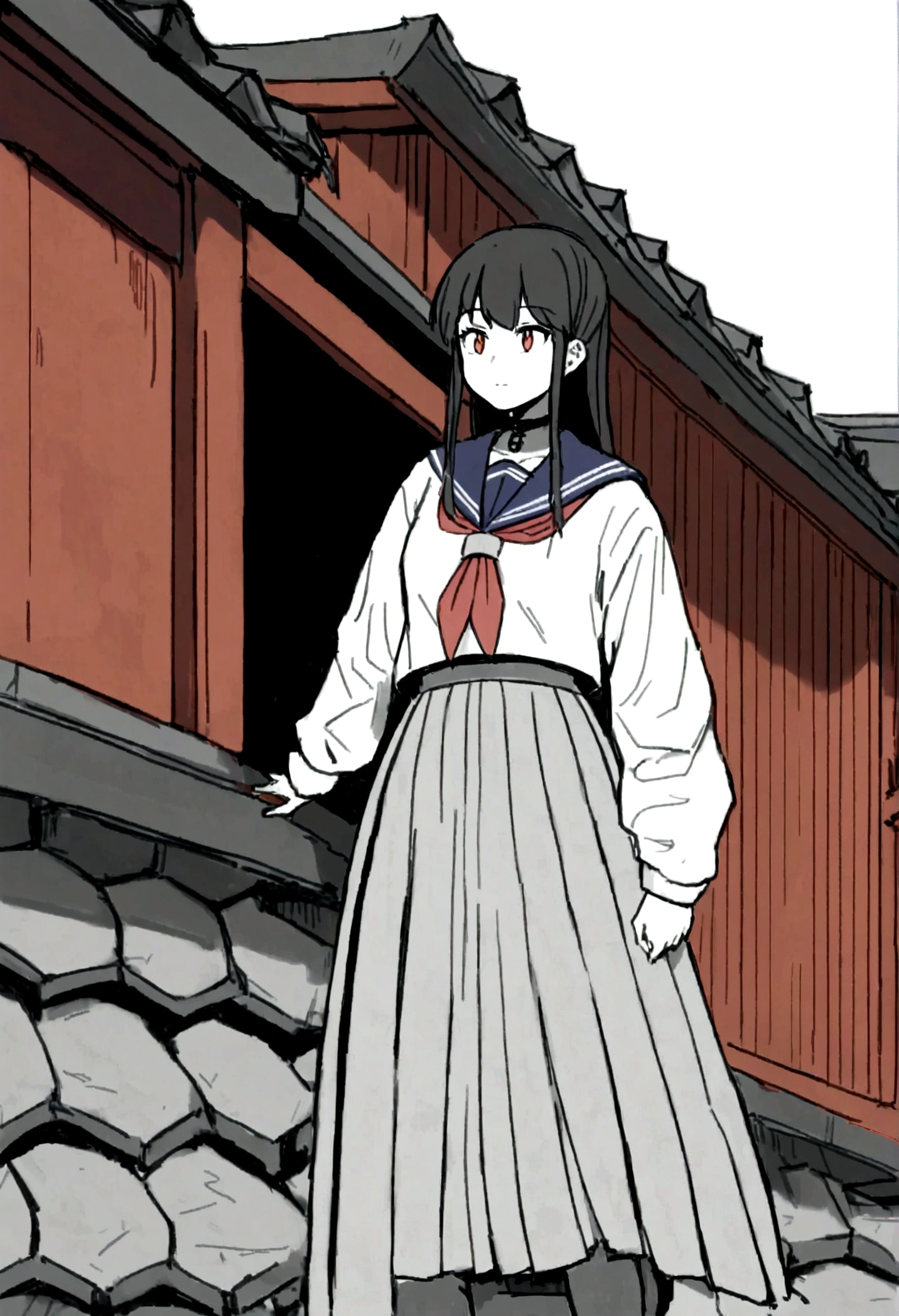 (Daisaku),(Need),(Super meticulous),(full bodyesbian:1.2),arafed woman in a skirt holding a sword on a roof, 1girl, loose coat collar sailor uniform, wearing dark maritime clothing, wearing japanese techwear, female sailor uniforms, kantai collection style, intricate hakama, hakama kimono, sailor uniform, wearing hakama, sailor clothing, navy, seifuku, wide leg hakama trousers, japanese, (beautiful  detailed face),(Beautiful and delicate eyes),