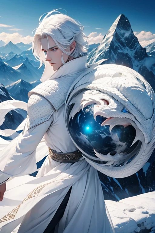 Man.white hair.blue eyes.on a planet full of mountains facing a white dragon