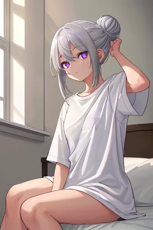 4k, HD, better quality, work of art, gray hair, has a hair bun, purple eyes, cute, is sitting on her bed, has one of his hands on his head, the sunlight is coming through the window, white T-shirt, long T-shirt, loose T-shirt