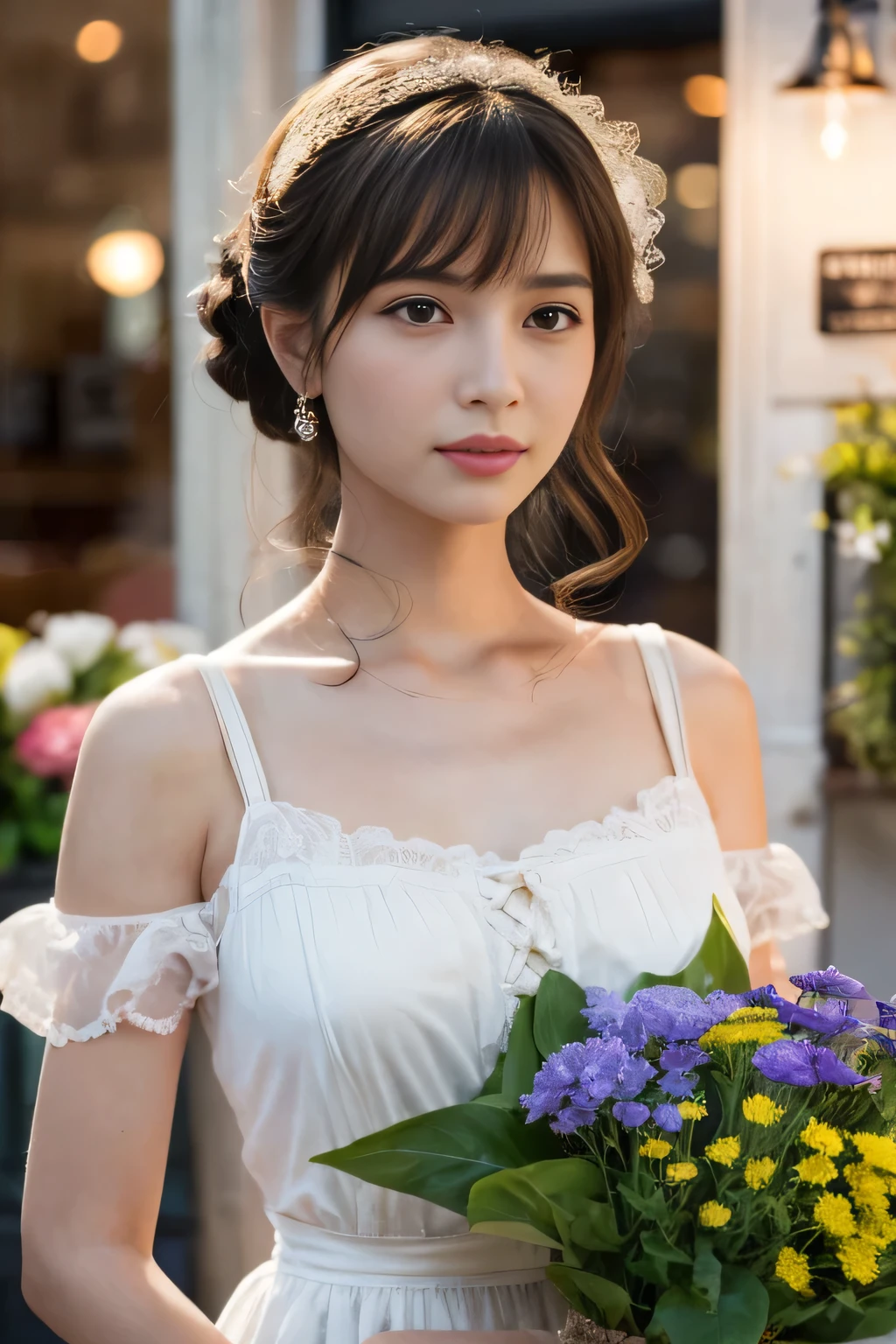 
((Tabletop:1.4, highest quality)), (Realistic photos:1.4), 
((1 girl)), (Otherworldly beauty), (dream-like),
(超High resolution:1.2), Very delicate and beautiful, wonderful, Very detailed CG Unity 8k wallpaper, Very detailed, High resolution, 
Soft Light, Beautiful detailed girl, Very detailedな目と顔, Beautiful and detailed nose, Beautiful and detailed, 
(Dressed in 19th century French costume:1.3),
Cinema Lighting, Perfect Anatomy, Slender body, (Parted bangs),
(Impressionist portrait of a beautiful flower girl), (A flower shop in downtown Paris at the end of the 19th century), (Impressionist light and colour), 
Cowboy Shot, Looking at the audience