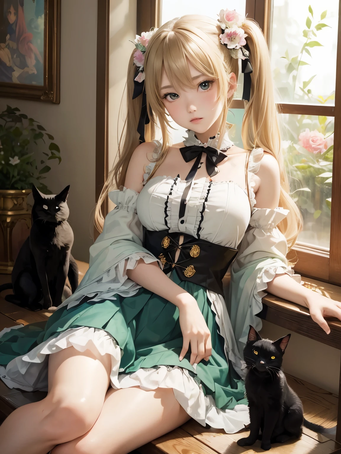 (masterpiece、highest quality、highest quality、Official Art、Beautiful and beautiful:1.2)、(One girl:1.3)Hatsune Miku、Twin tails,Beautiful breasts,Blonde girl in ta clothes,Holding a tsundere black cat,Floral frame,Decorative panel,Abstract art,Alphonse Mucha's(masterpiece,highest quality,High resolution:1.4),Detailed,Intricate details,4K,Splashes of color,Line art,Fibonacci,