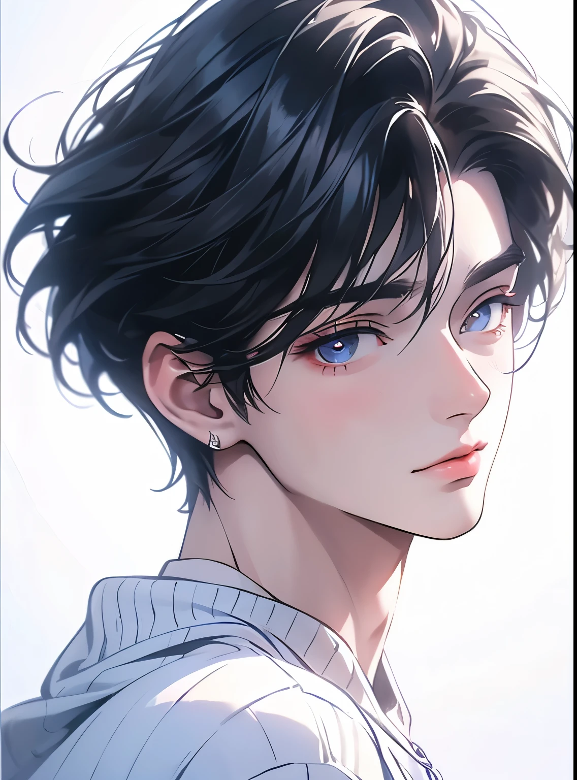 a handsome 18 year old man with black hair,beautiful detailed eyes,beautiful detailed lips,extremely detailed face,longeyelashes,white sweater,upper body,cinematic lighting,best quality,photorealistic,8k,ultra-detailed,masterpiece,realistic,photo-realistic:1.37,vivid colors,HDR,UHD,studio lighting,physically-based rendering,extreme detail description,professional, closing eyes