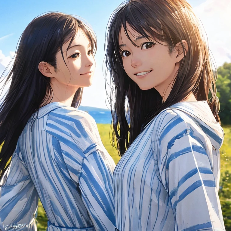 Shiraishi Mei, Looks exactly like Shiraishi Mei, A kind smile, , ,Long Hair, Dark brown hair, 2 girls, 18-year-old, photograph, Realistic, highest quality, Detailed face, Strong sunlight, blue sky、White cloud、 Detailed Background, Diffused sunlight, Written boundary depth, Bokeh (highest quality: 1.2), (masterpiece: 1.2), Watch Viewer, one piece, White Theme, Thin Blue Stripes,Back view