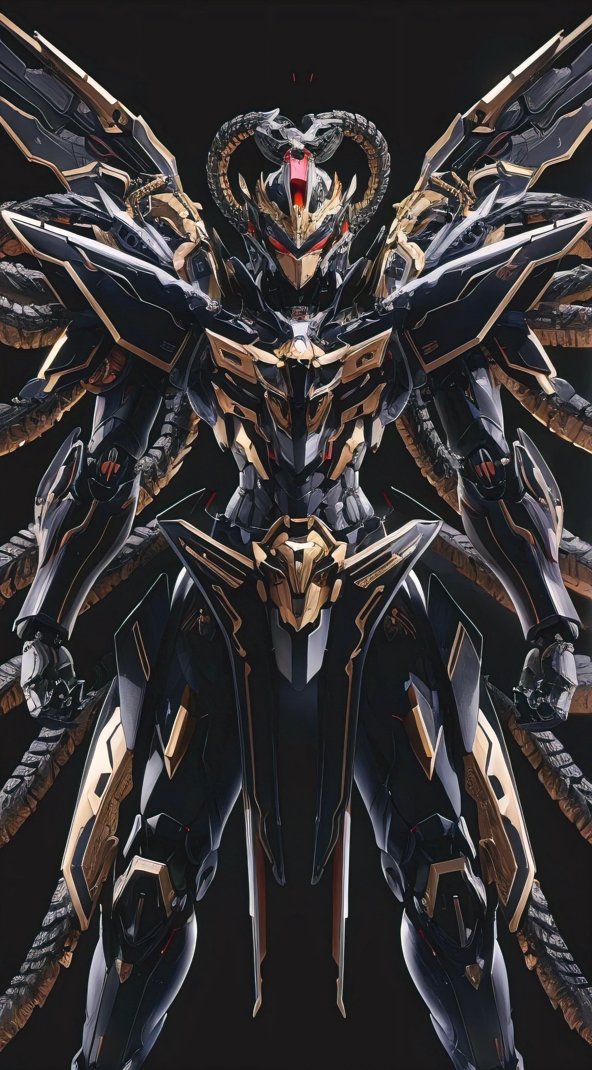 A stunning full-body shot of an Ouroboros mecha, designed in the captivating style of Yoji Shinkawa and Akihiko Yoshida. The mecha is clad in obsidian armor, adorned with intricate gold accents and sharp edges. The high-tech details and symmetrical design exude a sense of power and sophistication. The mecha dons a helmet resembling a vicious viper's head, with mechanical wings extending from its back. The dark background enhances the menacing appearance of the robot, creating a high-resolution, anime-style masterpiece.