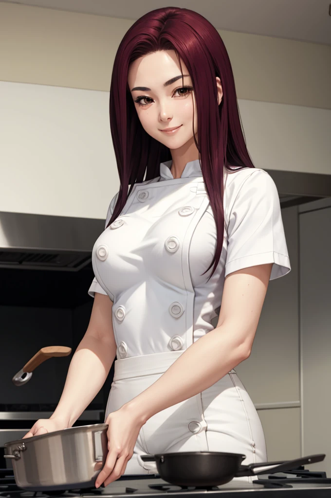 masterpiece, best quality, sakaki ryouko, chef uniform, white pants, large breasts, cooking, kitchen, furrowed brow, serious, stove, frying pan, smile, looking at viewer