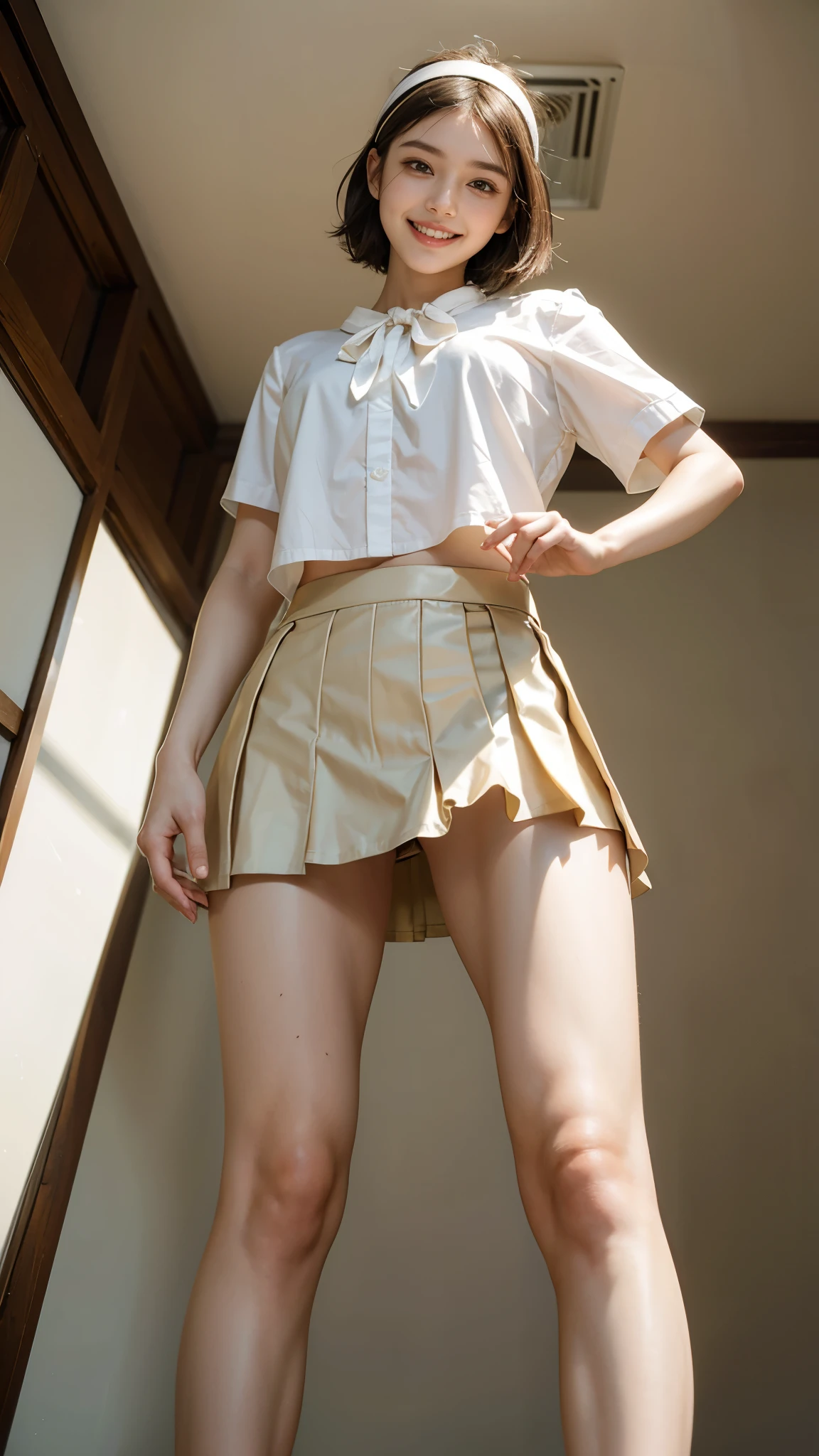 highest quality, masterpiece, Ultra-high resolution,16k,(((Face Focus))) (Realistic:1.6),((Portrait of a smiling person with their mouth wide open)) ,((Beautiful feet)), ((Slender body)),RAW Photos, 1 girl, 22 years old,((Blouse and tight skirt)),((Short hair with a headband)),,((From below:1.4)),((Smiling with teeth showing)),