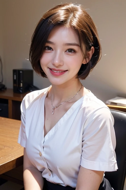 One girl, Small breasts,, (8k, RAWphotograph, highest quality, masterpiece:1.2),(Realistic, photo-Realistic:1.37),Very delicate and beautiful,photograph,8k,In detail,Beautiful fine details,highest quality,Ultra-high resolution,((Very detailed)),(photo-Realistic:1.37),looking at the camera、(((short hair)))、((smile))、((right eye:Mole on outer corner of eye))、(Teeth are coming out)、Swimwear、((Narrow waist))、slender、(office)、((White shirt))、Black Skirt、