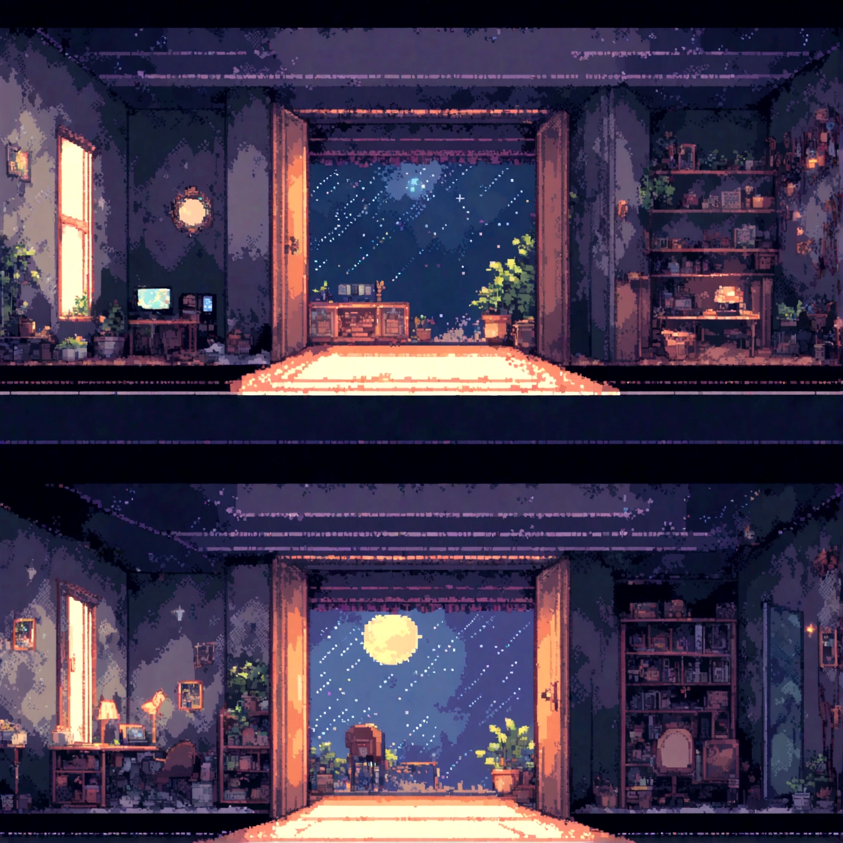 A beautiful gaming room ,open window for a night view of the starry sky, a man sits at a computer with his back to us, in pixel art style, cubic section of rooms