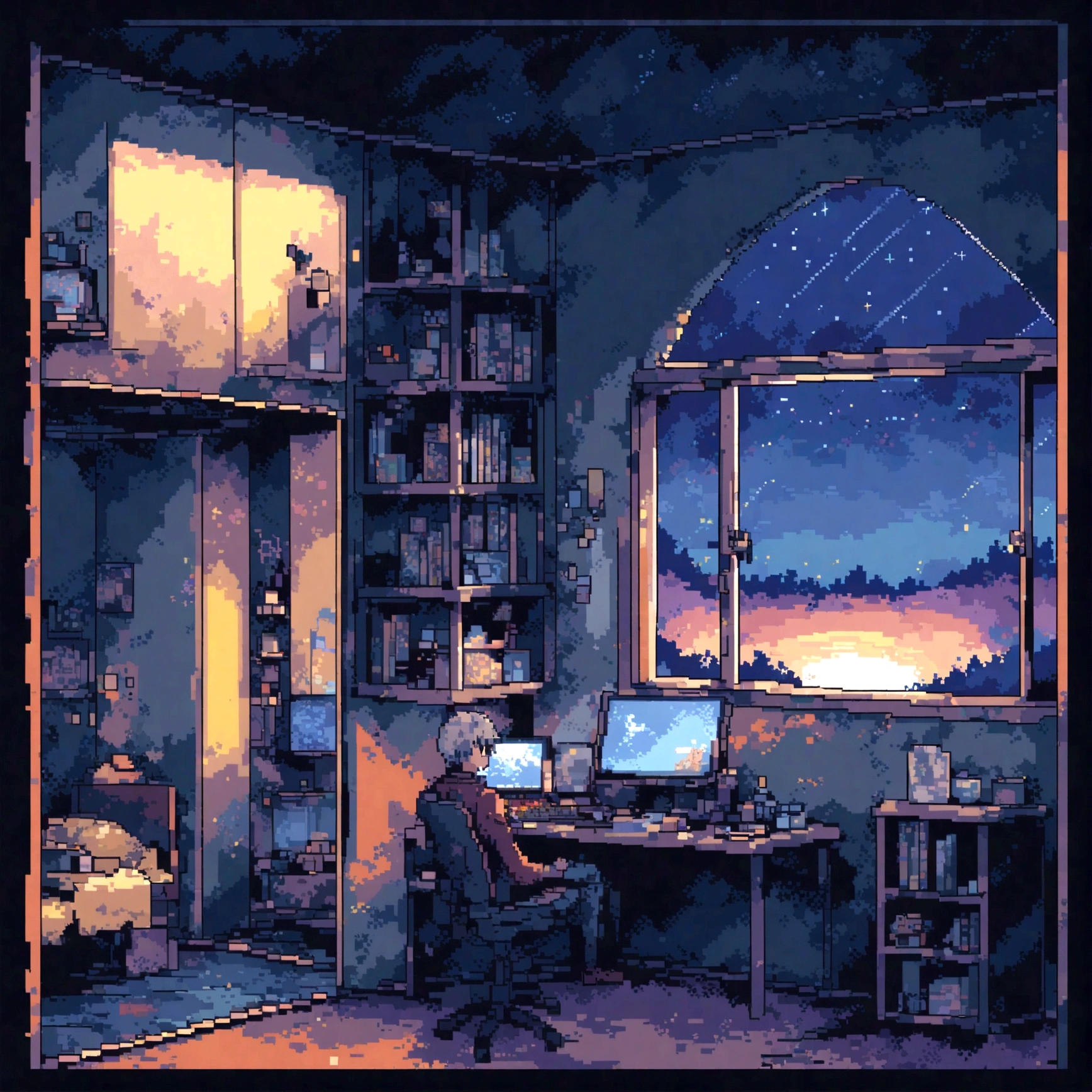 A beautiful gaming room ,open window for a night view of the starry sky, a man sits at a computer with his back to us, in pixel art style, cubic section of rooms