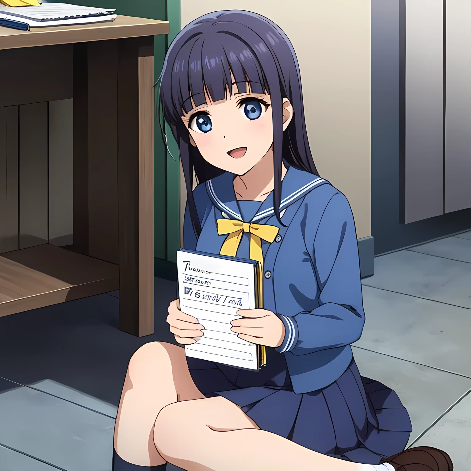 (highest quality, masterpiece:1.2), highest quality, High resolution, 1080p, 8K, Game heroine CG, Height: 158cm, ((The beautiful game heroine is sitting upright、Looking down at the notebook on the floor)), A face that everyone loves, Glossy lips, Even bangs, Double, Long eyelashes on both the top and bottom, Smiling blue eyes, The very large and thick yellow ribbon bowtie is very cute., ((Black Hair)), Her beautiful, shiny long black hair is pulled up., ((A long, neat, dark navy pleated skirt)), (((A long-sleeved navy blue sailor uniform for winter, all dark blue in color))), ((Navy blue jacket)), Smiling, slightly open mouth like a game heroine, Ribbon in hair, Tight waist, The background is a blank white space, ((Blur the background)), ((one hand on the floor)), ((Looking down at the notebook on the floor))