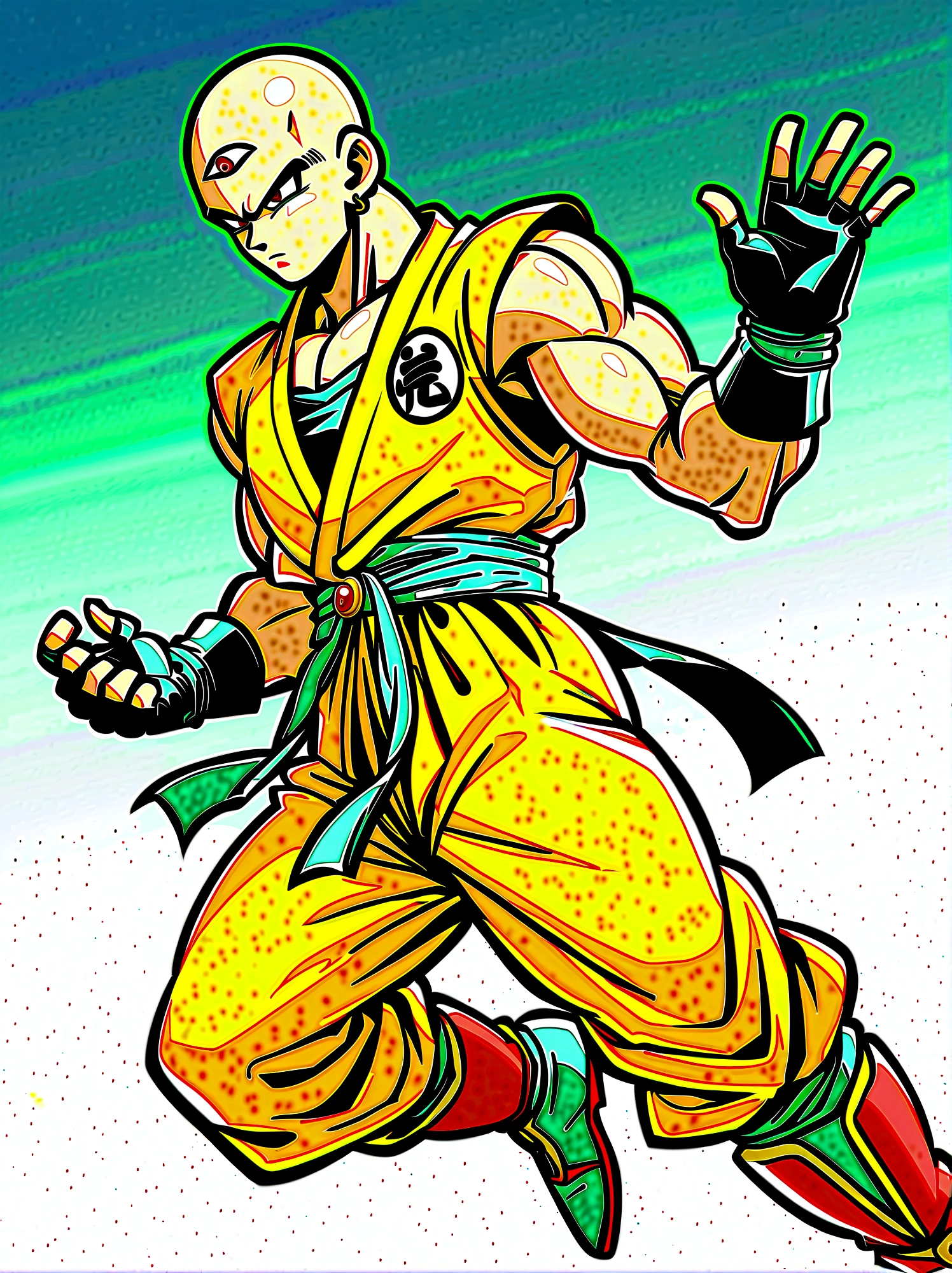 1boy, Dragon Ball, Tien Shinhan, Martial artist, lean muscles, bald head, piercing eyes, third eye, telepathy, telekinesis, red and yellow uniform, sleeveless turtleneck, yellow pants, red boots, fingerless gloves, distinctive logo belt, earrings, elegant
