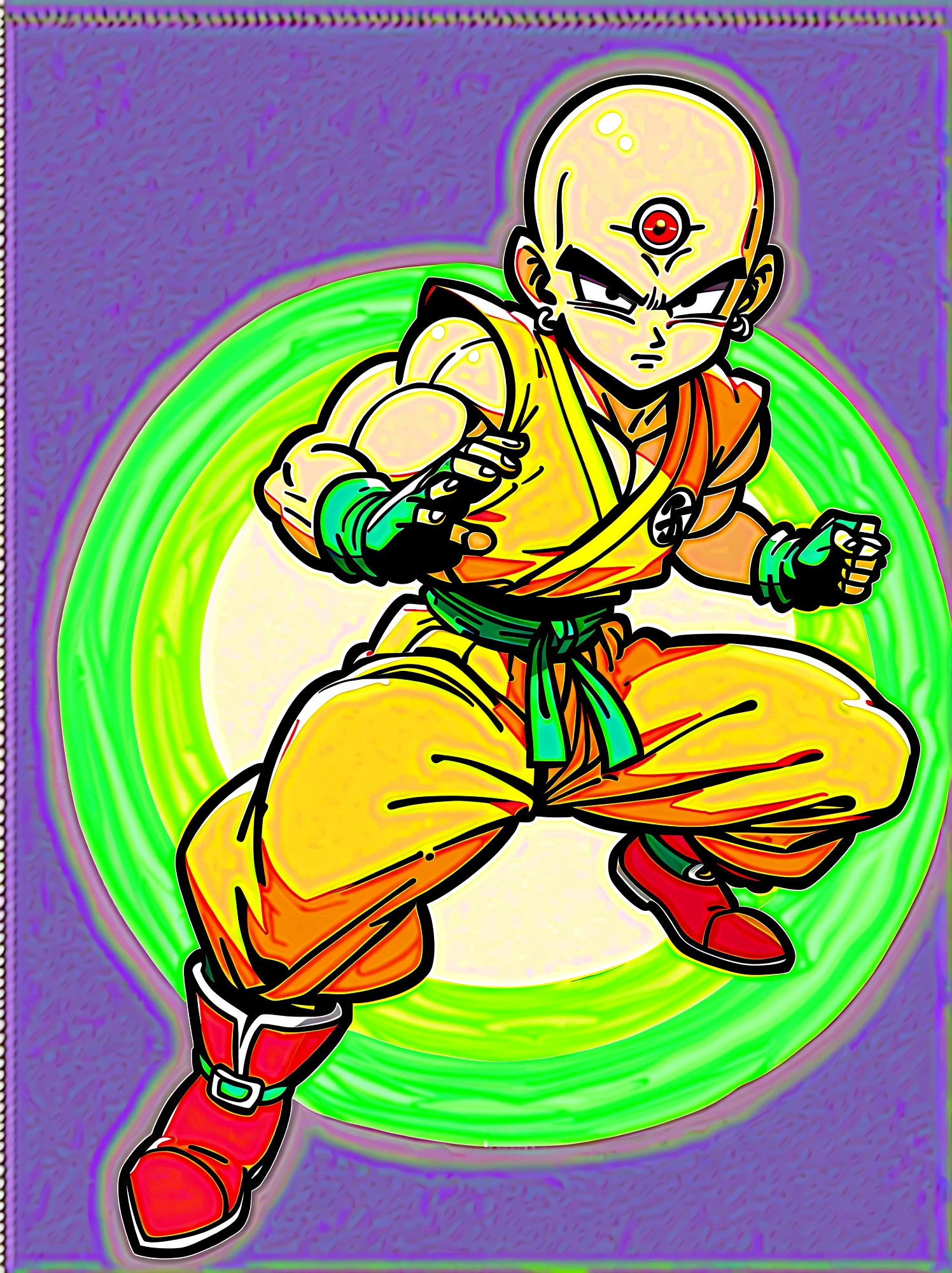 1boy, Dragon Ball, Tien Shinhan, Martial artist, lean muscles, bald head, piercing eyes, third eye, telepathy, telekinesis, red and yellow uniform, sleeveless turtleneck, yellow pants, red boots, fingerless gloves, distinctive logo belt, earrings, elegant