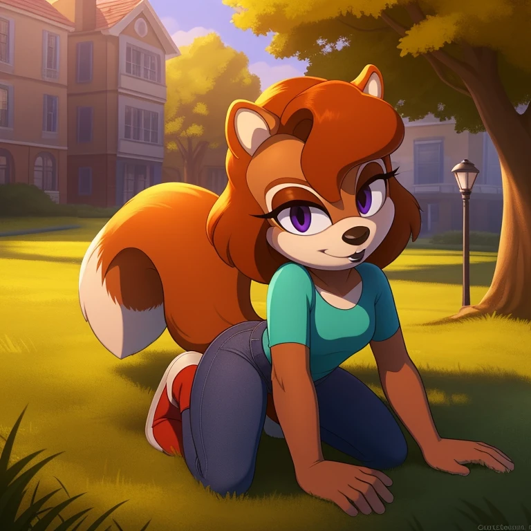 ((masterpiece))+, studio quality, highly detailed, extreme detailed, high quality, max detailed, very detailed, intricate details, detailed shadows, best quality, ultra detailed, cinematic lighting, beautiful lighting, vibrant lighting, global illumination, subsurface scattering, detailed background, sonic_(series), (mobian squirrel)+, small figure, slim waist, brown hair, wavy bangs, short hair, fluffy hair, white fur, violet eyes, black eyelids, t-shirt, jeans, attractive, gorgeous body, black lipstick, (squirrel girl)+, looking at viewer, full body, cowboy shot, sunny, park, path, grass, trees, white ear fluff