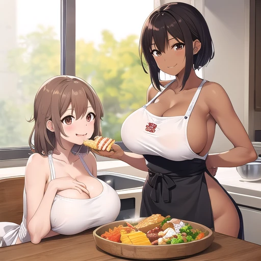 naked apron,smile, ass,detailed,big breast,2woman,eating with 娘,(Brown skin)
