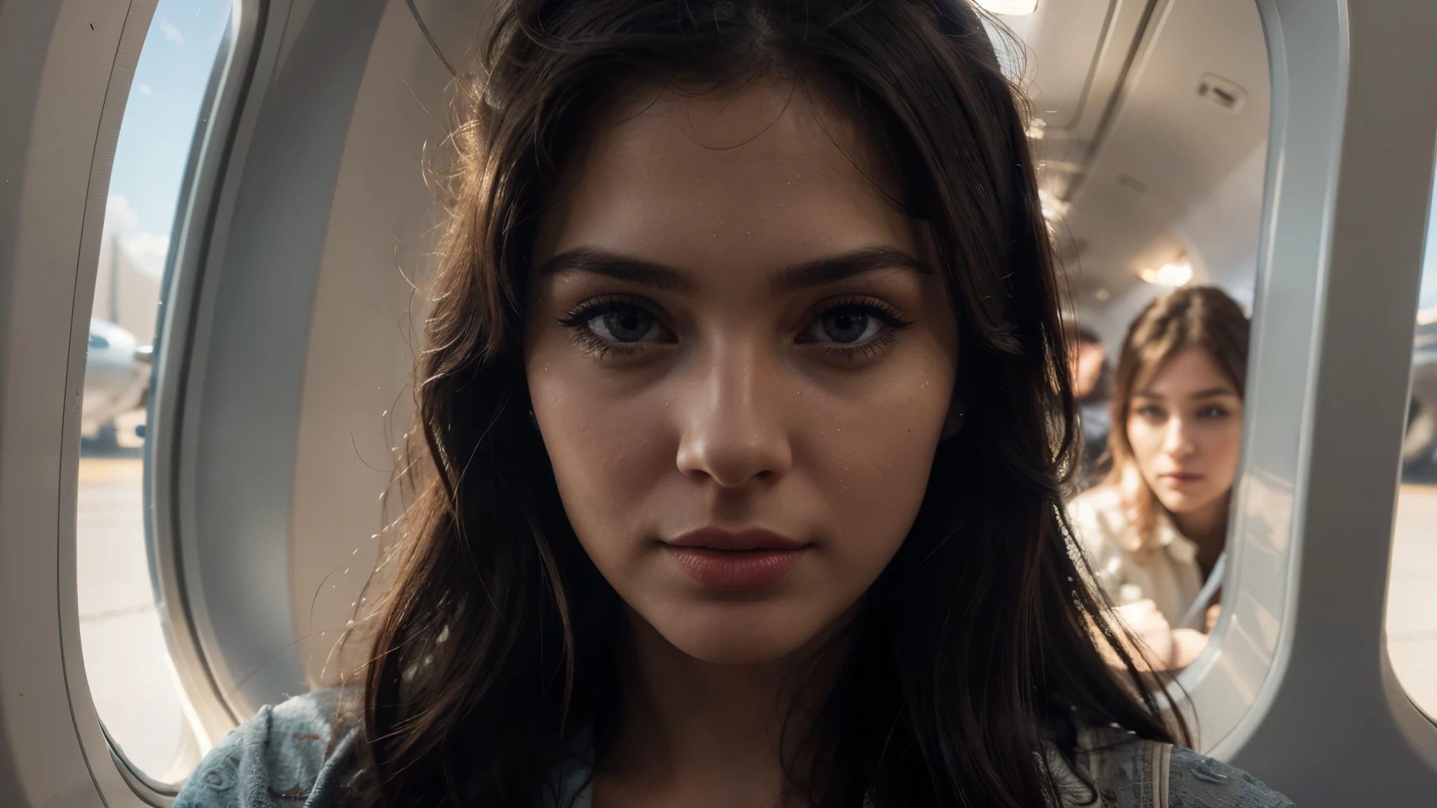 a  looking out the window of an airplane, realistic detailed portrait, beautiful detailed eyes, beautiful detailed lips, extremely detailed face, long eyelashes, cute expression, warm lighting, cinematic, dramatic lighting, vibrant colors, photorealistic, 8k, highly detailed, masterpiece