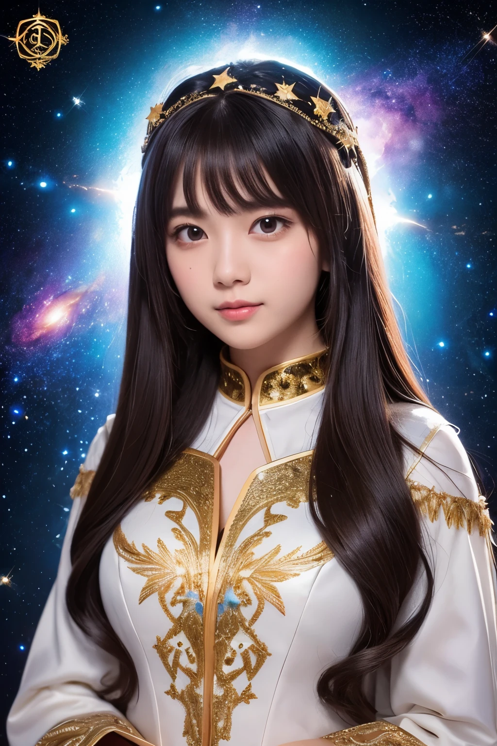 A young woman standing with the universe as a background、Wearing gorgeous cosplay costumes。Her hair is long、It's purple and tied in twin tails.。The costume is based on blue-green.、Gold decorations and ribbons are used everywhere.。The dress features ruffles and buttons.、The sleeves have white ruffles。
Her expression is full of confidence.、Looking straight into the camera。The background features fantastic light effects like stars and galaxies.、highlights her presence。The details of the costume are intricately embroidered and decorated.、It's a very intricate design。
Her appearance is、It's like an anime or game character.、The overall look is fantastical and unrealistic.。The background and the costumes match、It enhances her presence even more.。