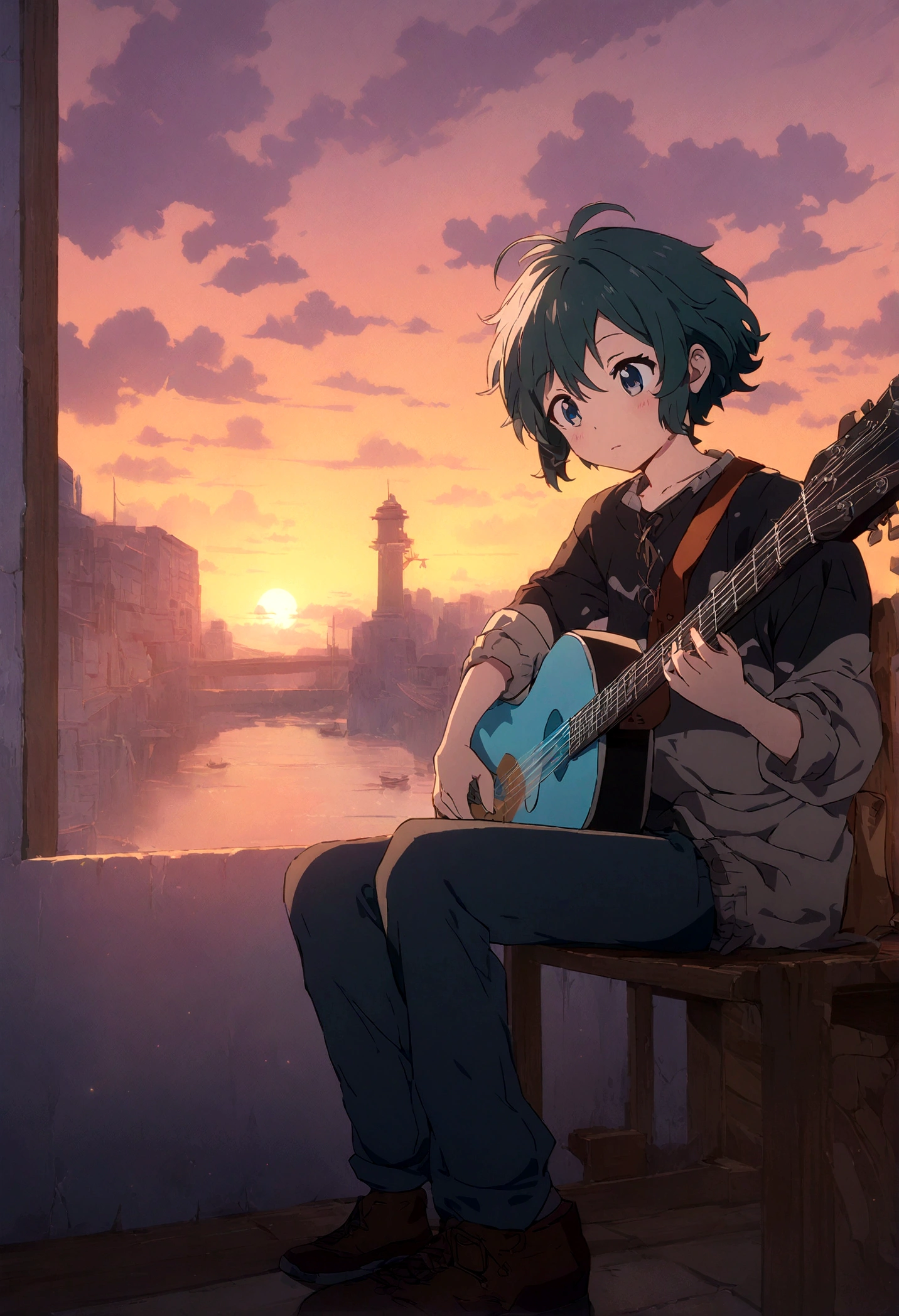 Anime boy sitting on the shelf and playing guitar at sunset, Anime Art Wallpapers 8K, anime art wallpaper 4k, anime art wallpaper 4k, Anime Style 4k, anime wallpaper 4k, anime wallpaper 4k, anime wallpaper 4k, Manga Wallpaper, 4K Wallpaper, Makoto Shinkai Cirilo Rolando, Girl playing guitar, Lo-fi Girl
