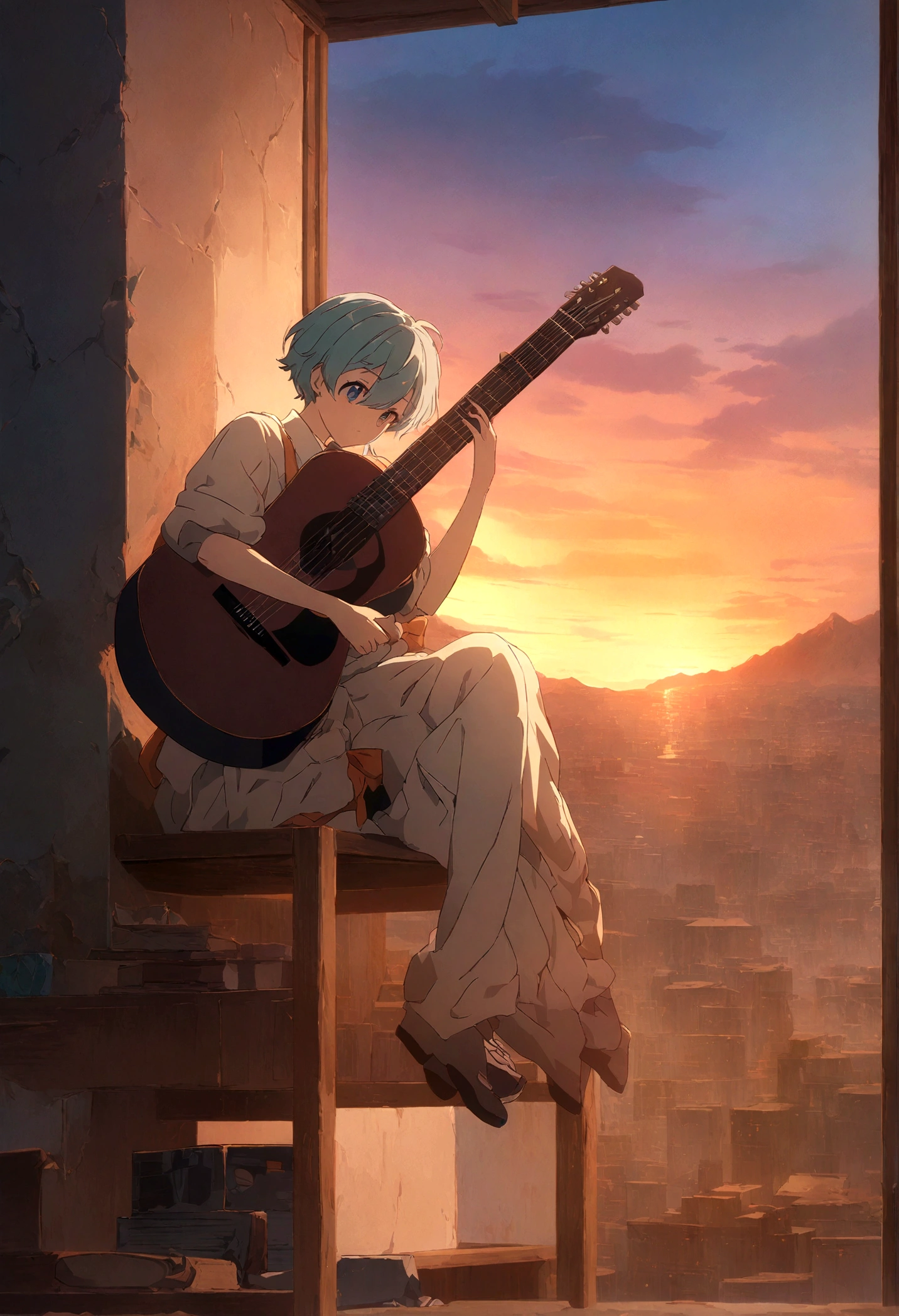 Anime boy sitting on the shelf and playing guitar at sunset, Anime Art Wallpapers 8K, anime art wallpaper 4k, anime art wallpaper 4k, Anime Style 4k, anime wallpaper 4k, anime wallpaper 4k, anime wallpaper 4k, Manga Wallpaper, 4K Wallpaper, Makoto Shinkai Cirilo Rolando, Girl playing guitar, Lo-fi Girl