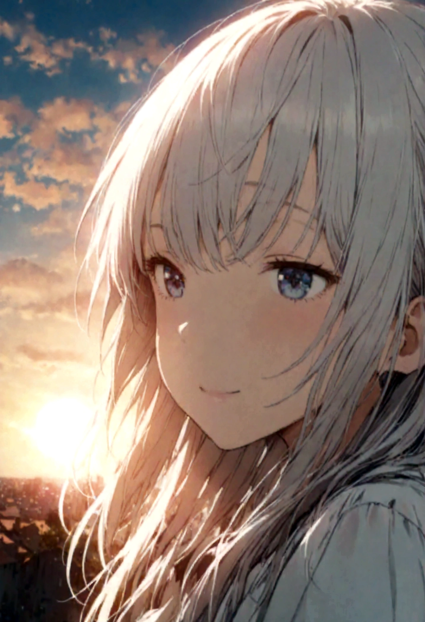 masterpiece, highest quality, Movie stills, One girl, Cloud Girl, Floating in the sky, close, bright, Happy, Warm and soft lighting, sunset, (spark:0.7)