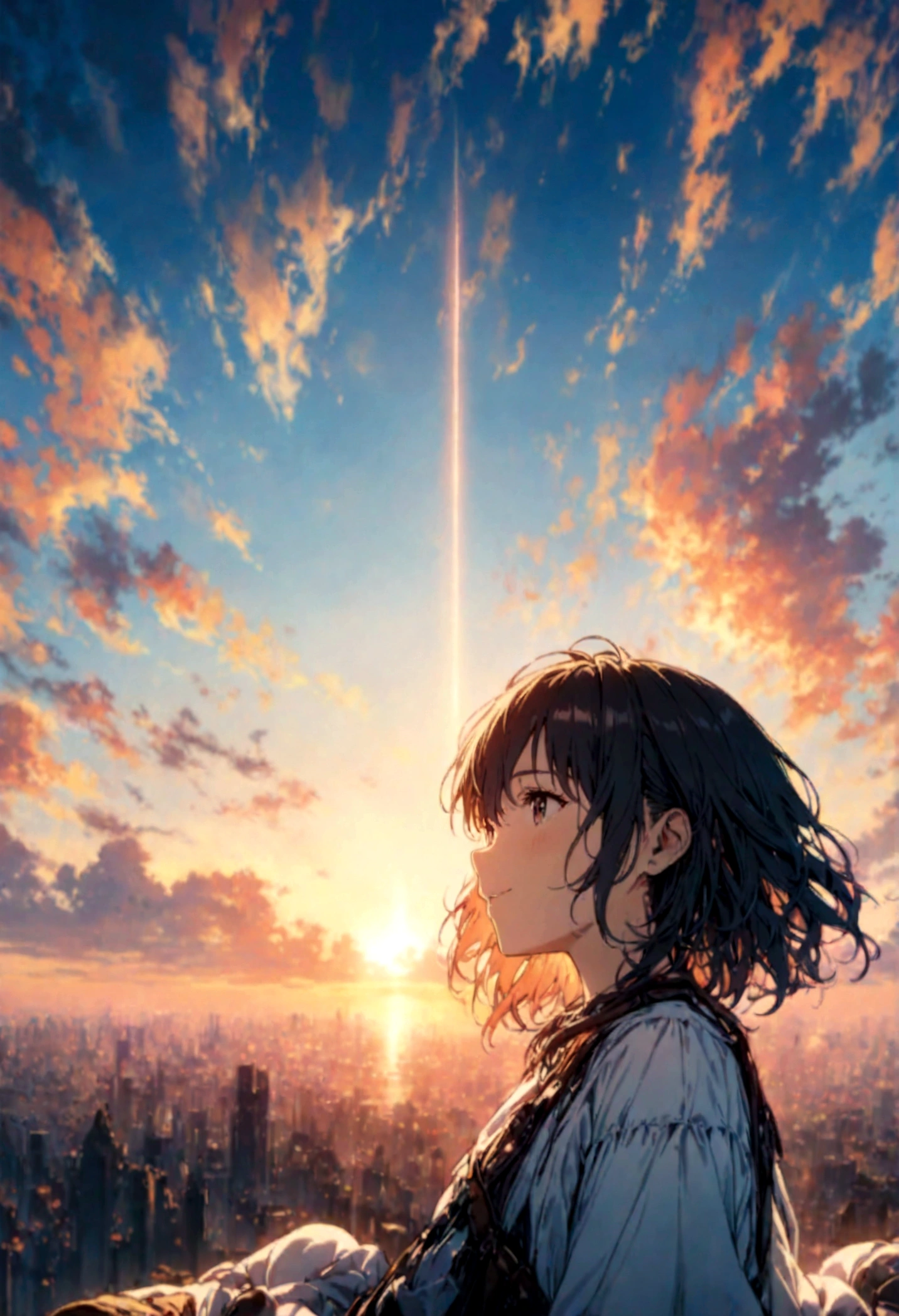 masterpiece, highest quality, Movie stills, One girl, Cloud Girl, Floating in the sky, close, bright, Happy, Warm and soft lighting, sunset, (spark:0.7)